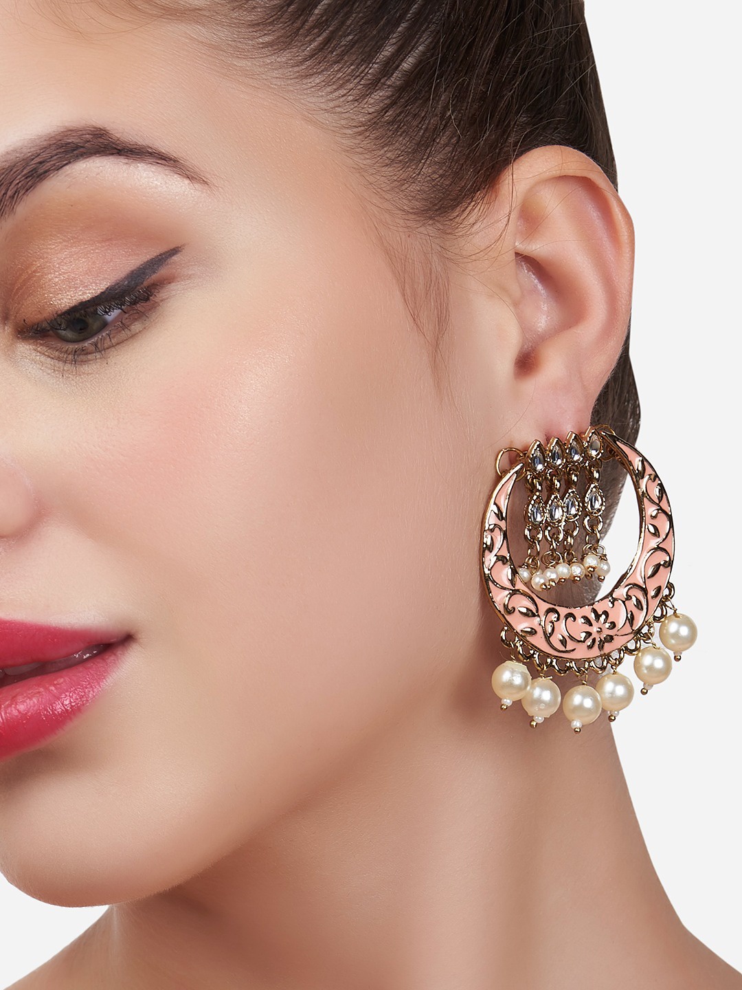 

Zaveri Pearls Gold Plated Peach-Coloured Meenakari Kundan Contemporary Drop Earrings