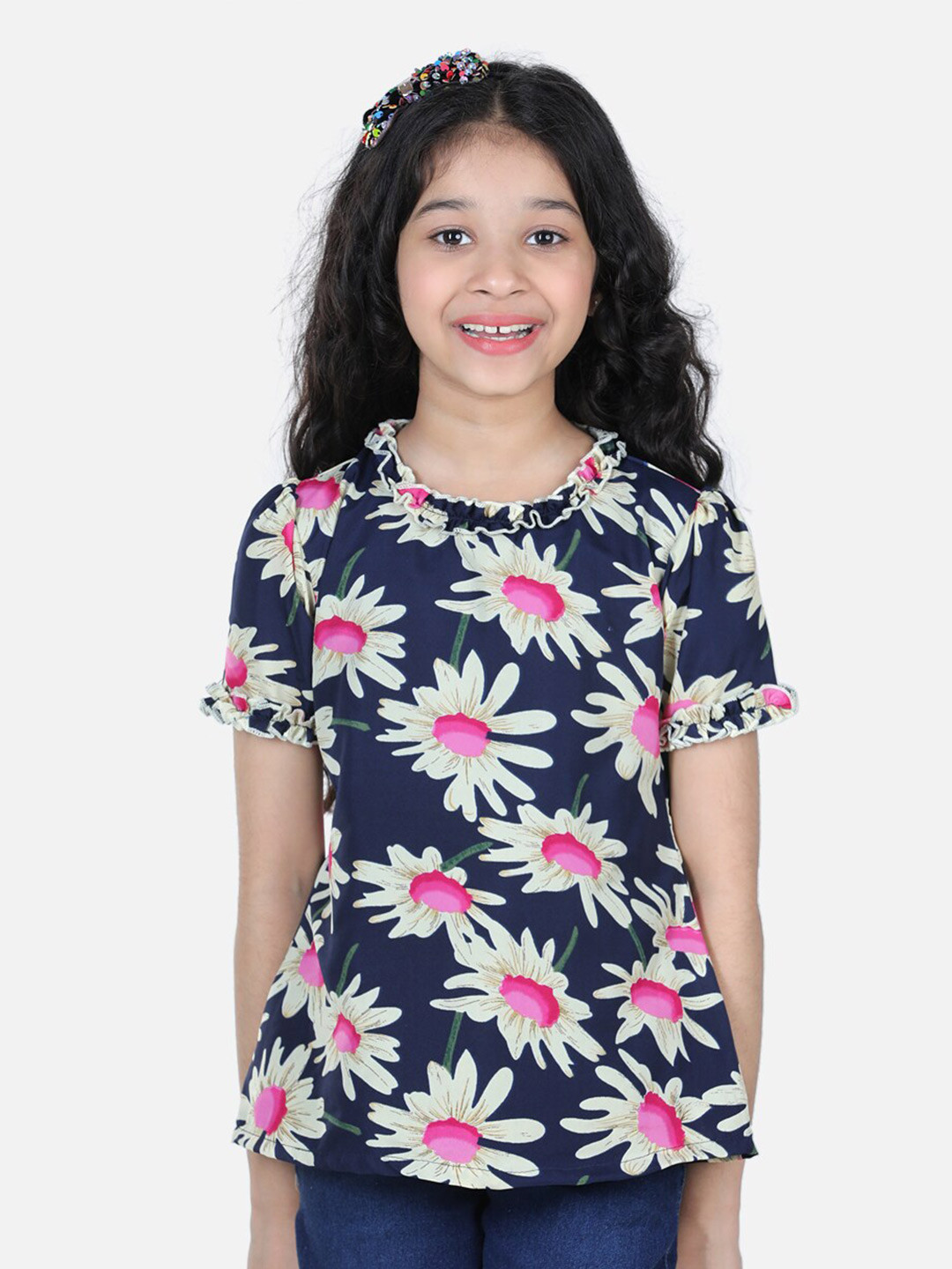 

Cutiekins Navy Blue & White Floral Print Crepe Peplum Top