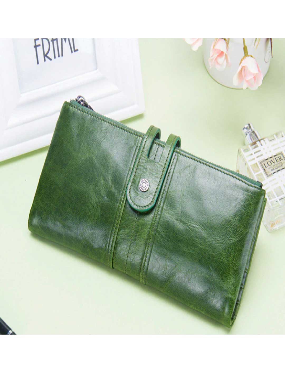 

CONTACTS Women Green Leather Two Fold Wallet