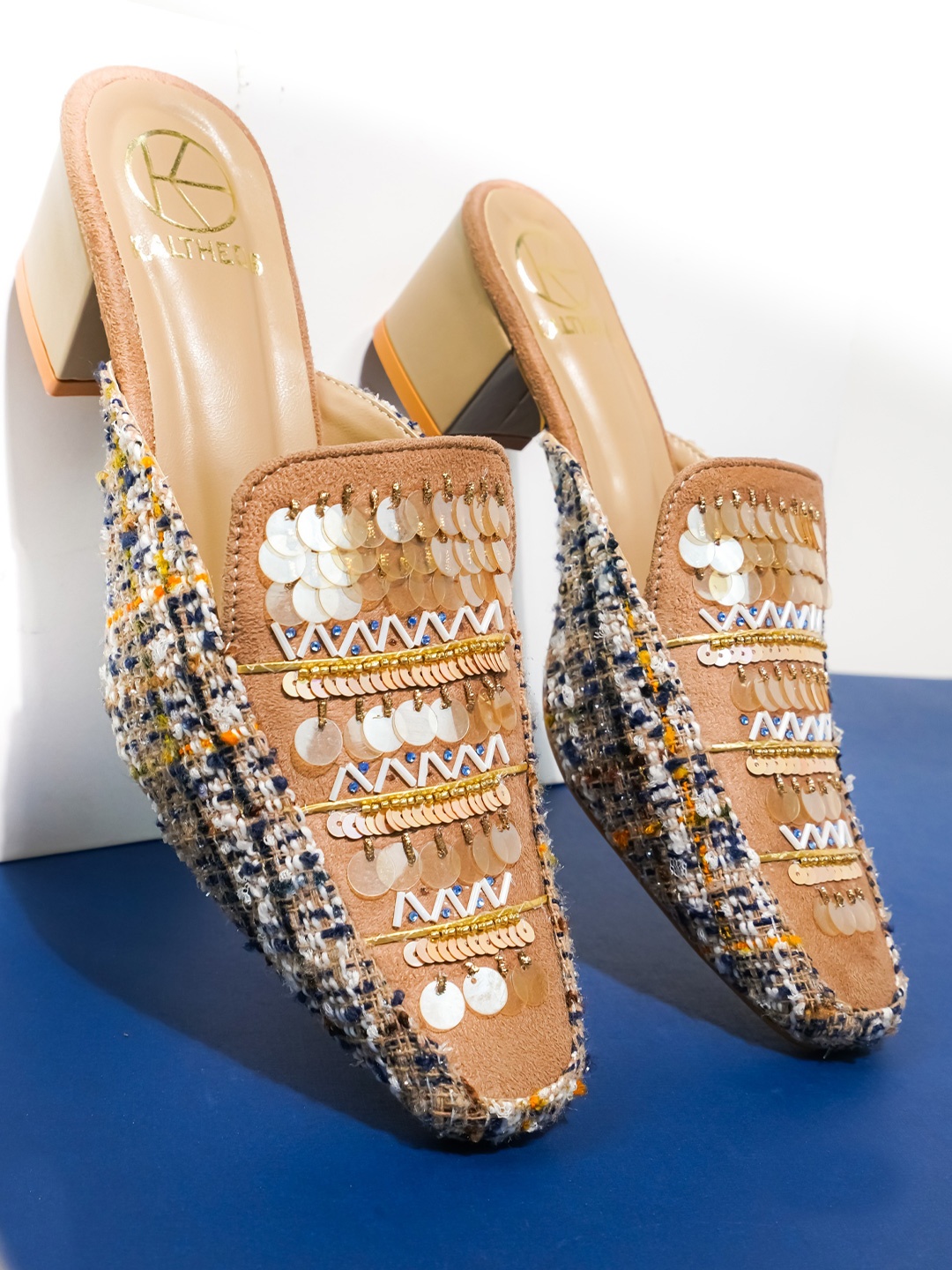 

KALTHEOS Beige Embellished Suede Party Block Mules