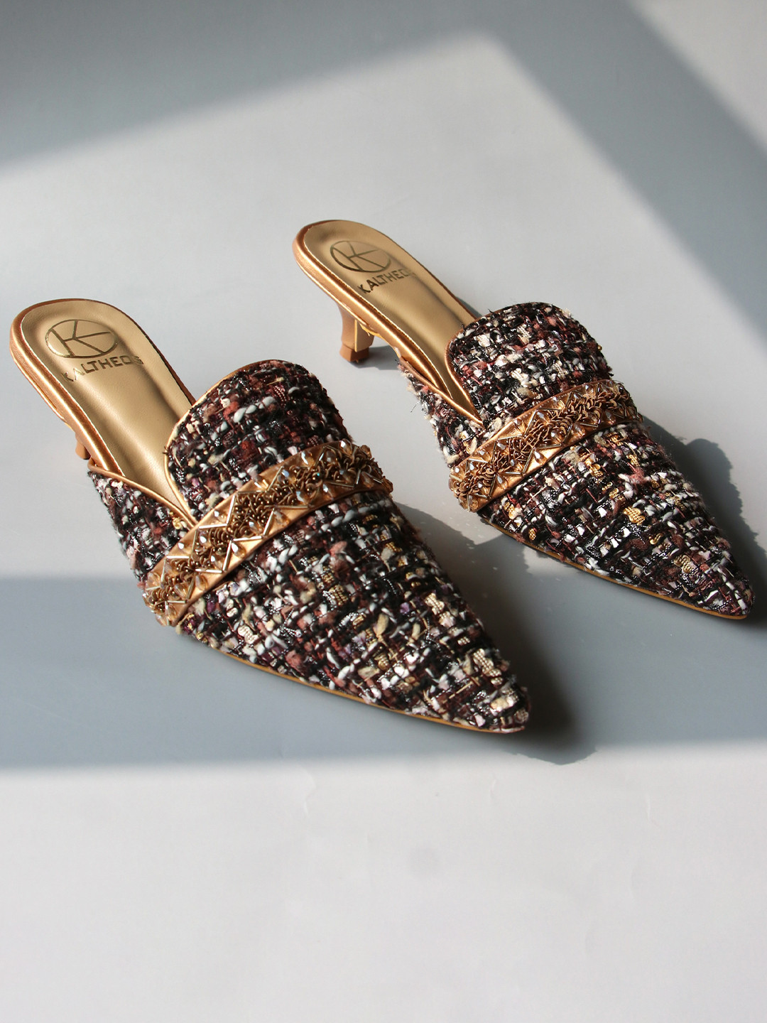 

KALTHEOS Copper-Toned Party Kitten Mules