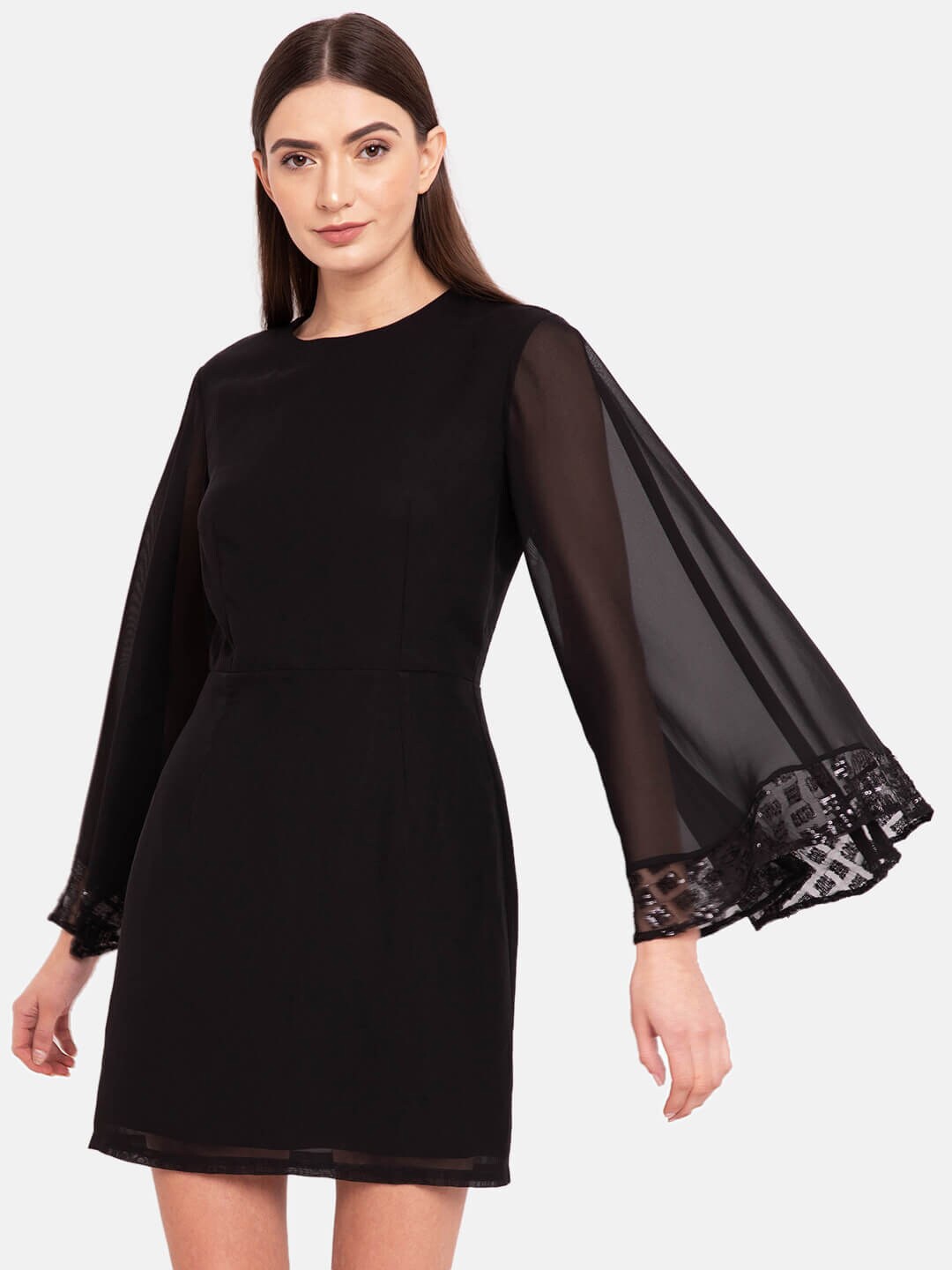 

Kazo Black Solid Bell Sleeve Sheath Dress With Sequined Detailing