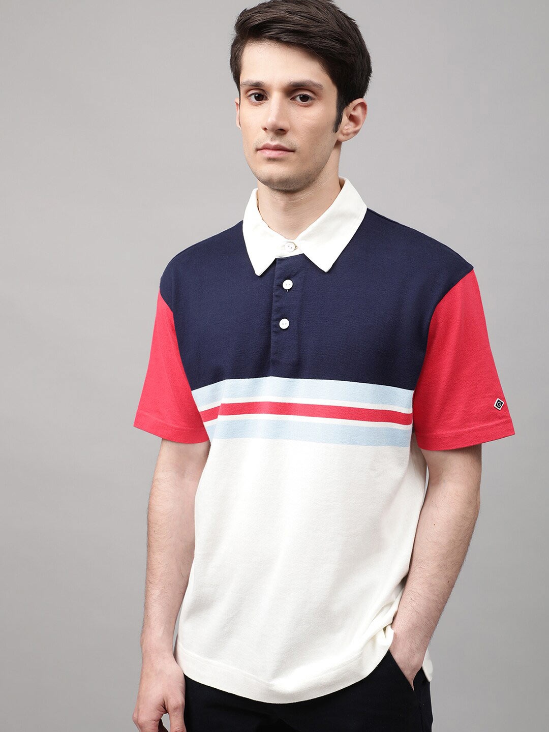 

GANT Men Blue & White Colourblocked Polo Collar Pure Cotton T-shirt