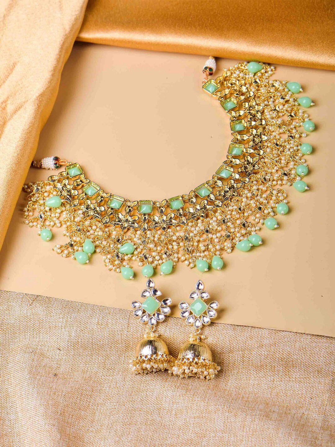 

POPLINS Gold-Plated Green Rhinestone Studded & Beaded Jewellery Set