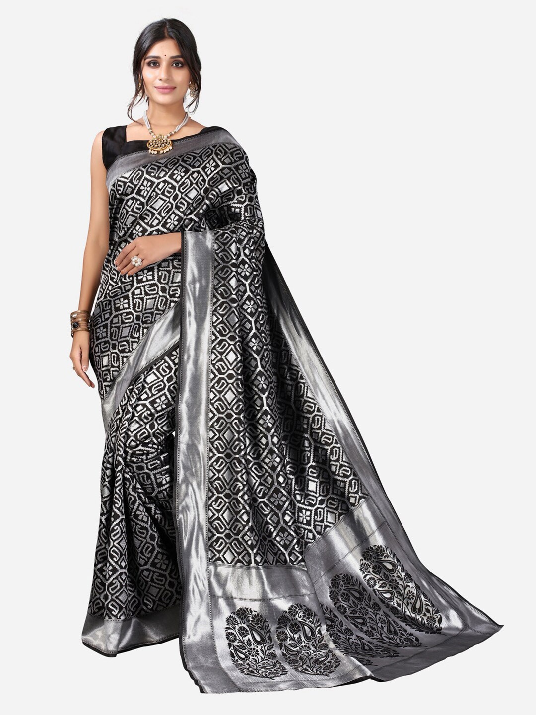 

Satrani Black & Silver-Toned Zari Kanjeevaram Saree