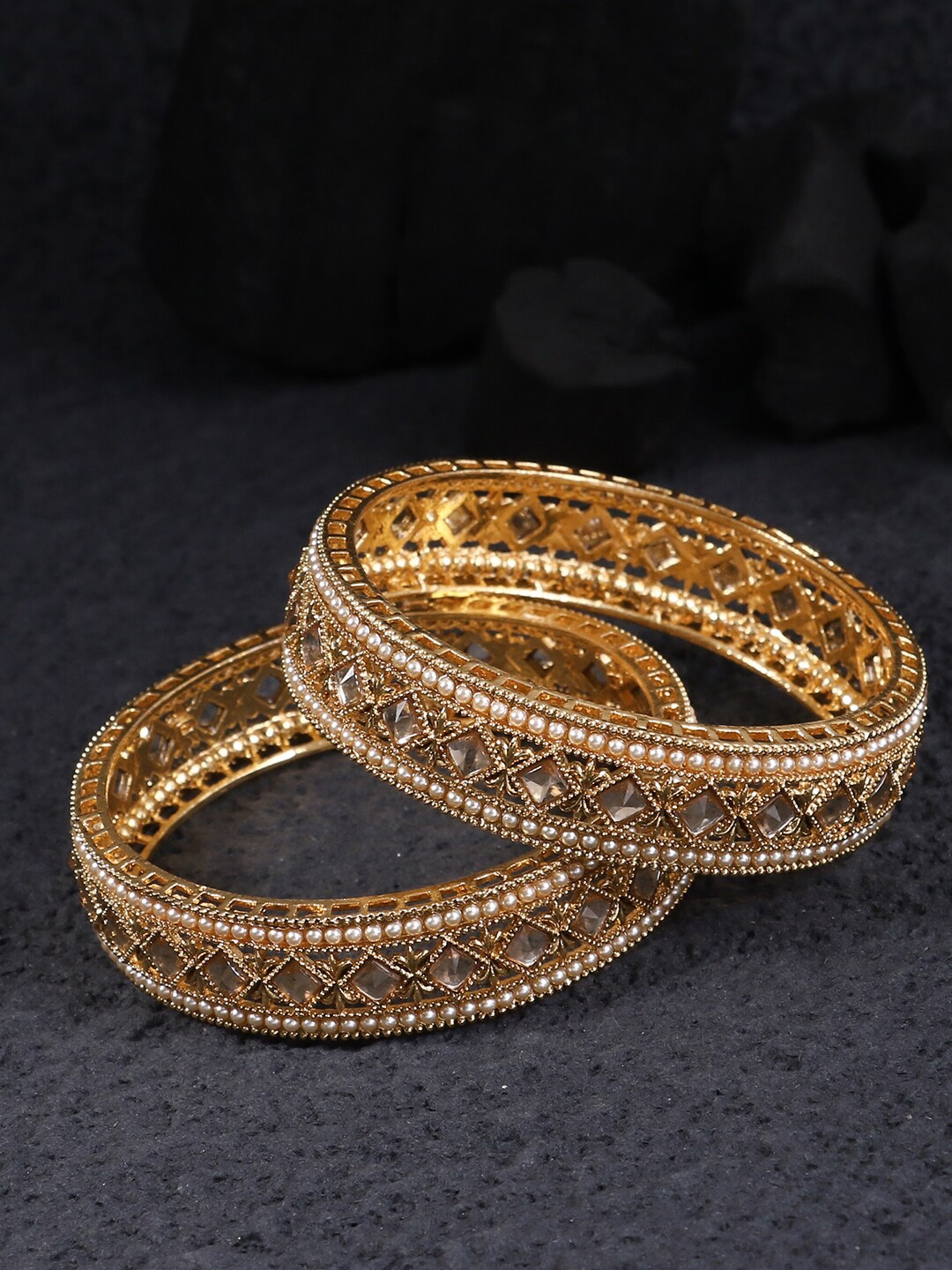 

Adwitiya Collection Set Of 2 White & Gold-Plated Stone Studded Bangles