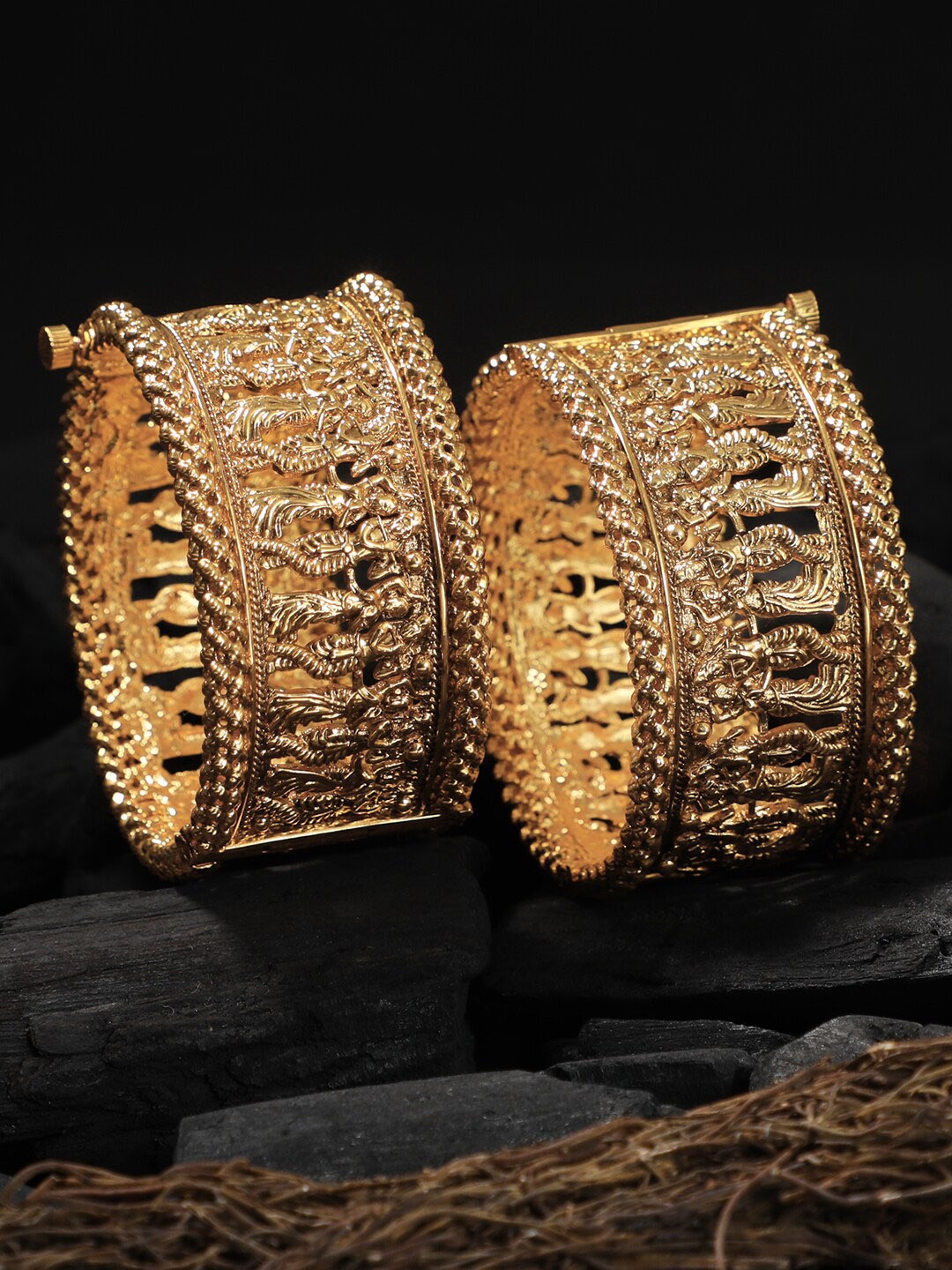 

Adwitiya Collection Set Of 2 Gold-Plated Temple Antique Bangles