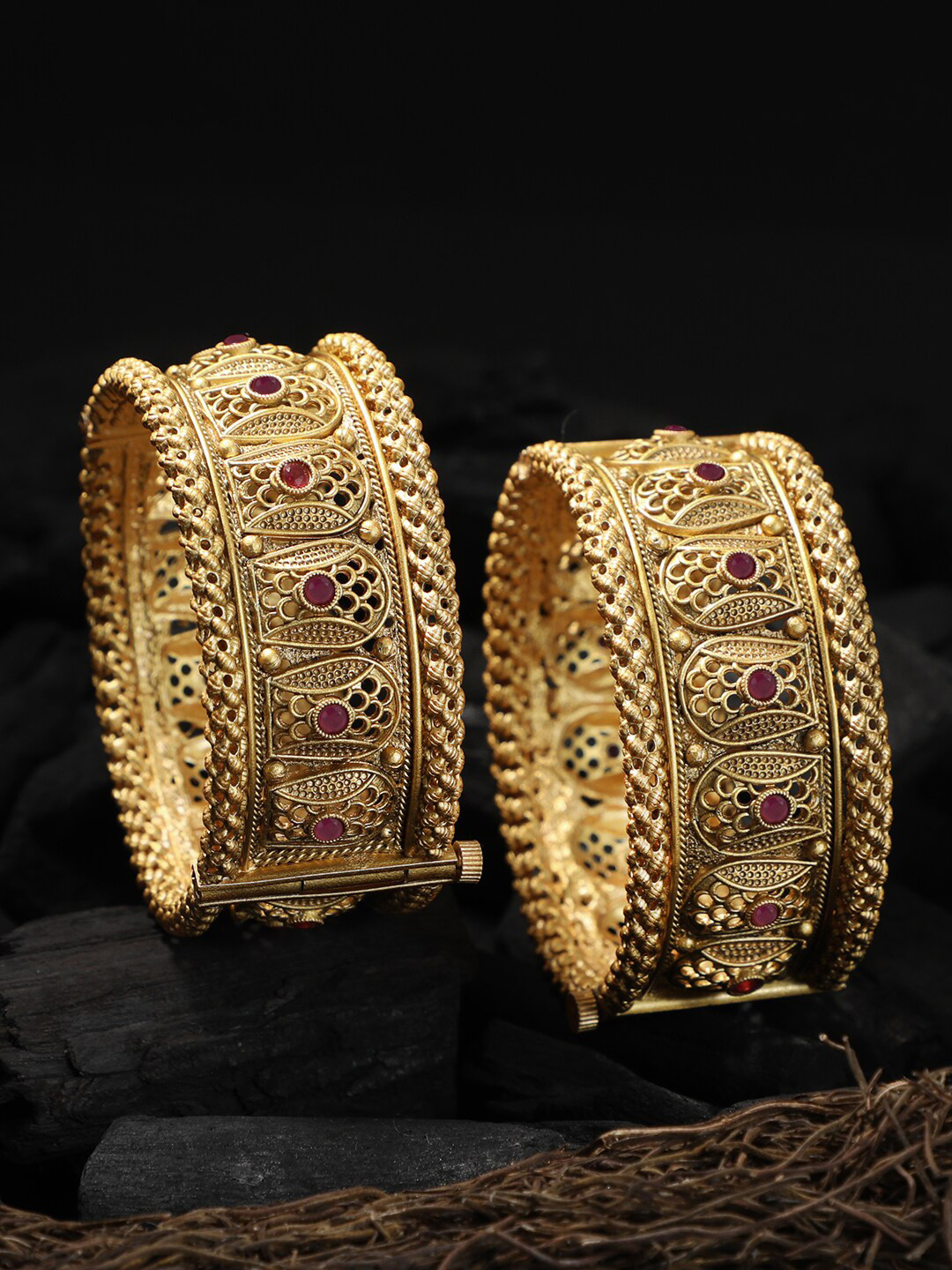 

Adwitiya Collection Set of 2 Gold-Plated Pink Stone Studded Bangles