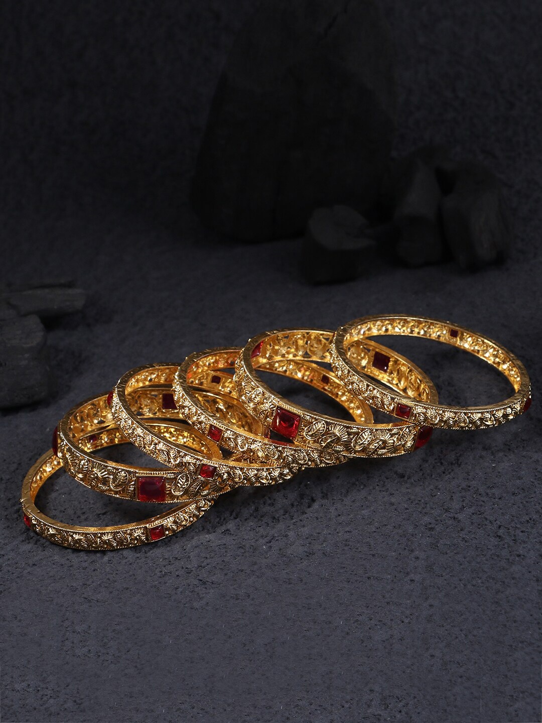

Adwitiya Collection Set Of 6 24CT Gold-Plated Pink Stone-Studded Bangles