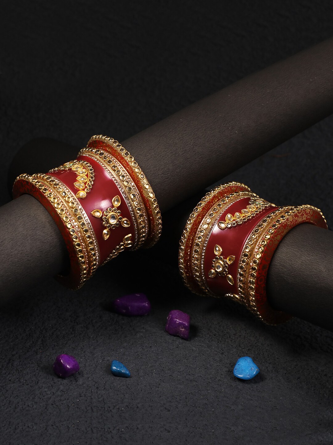

Adwitiya Collection Set of 18 Red Kundan Studded Chudas