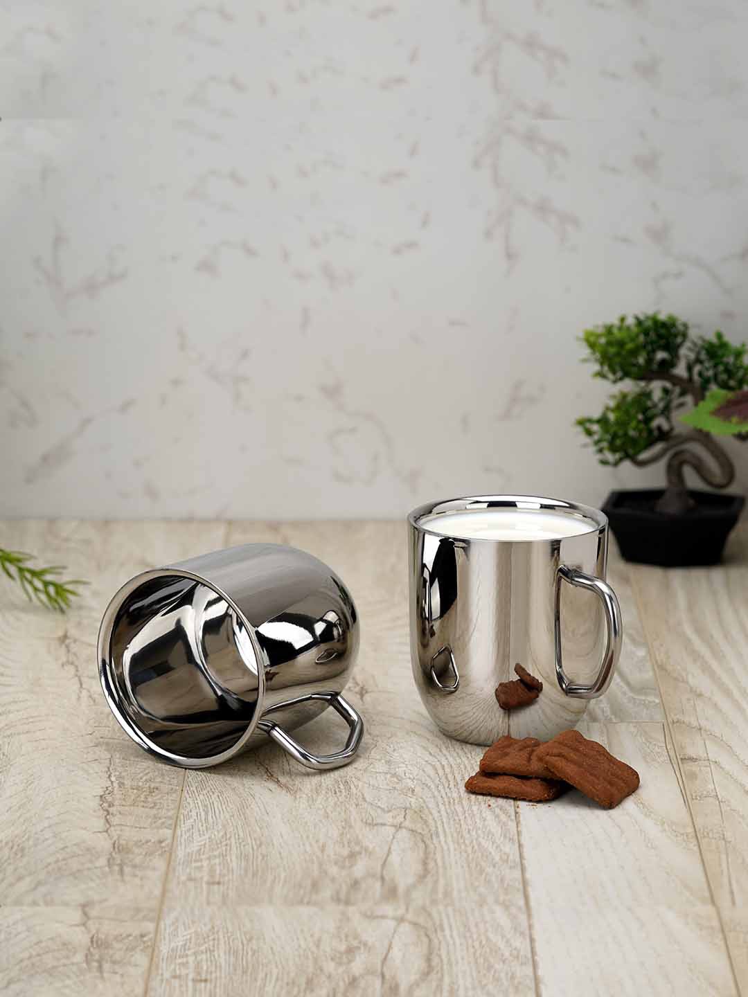 

PDDFALCON Silver-Toned Solid Stainless Steel Matte Set of Cups and Mugs