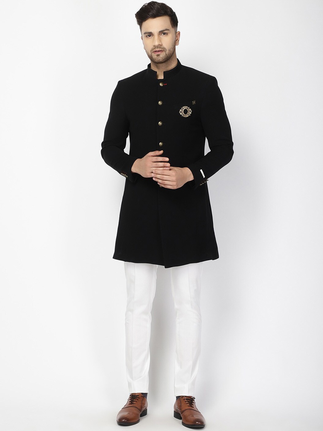 Blackberrys Men Black & White Solid Slim-Fit Bandhgala Suit