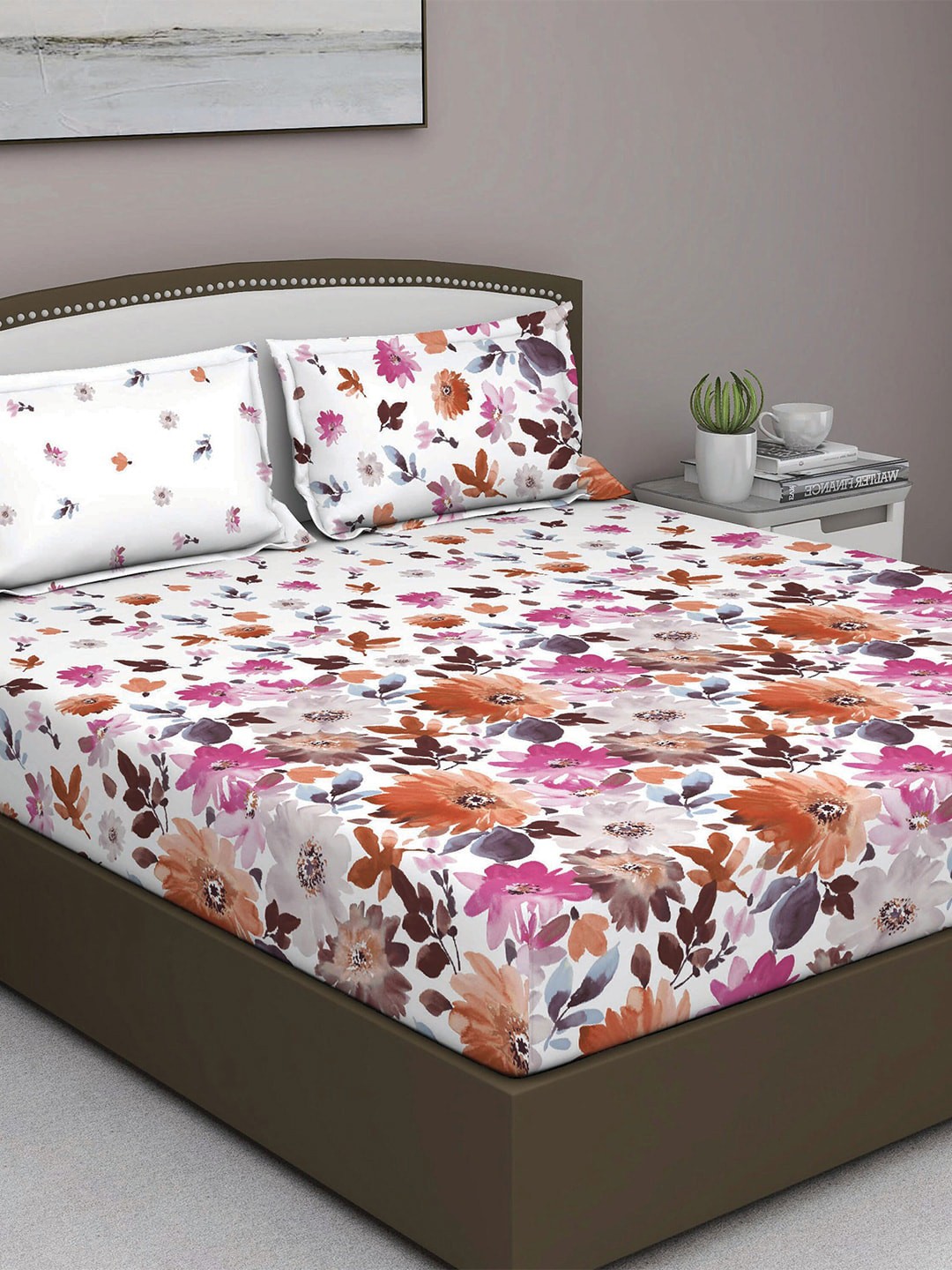 

GM White & Pink Floral 180 TC Queen Bedsheet with 2 Pillow Covers