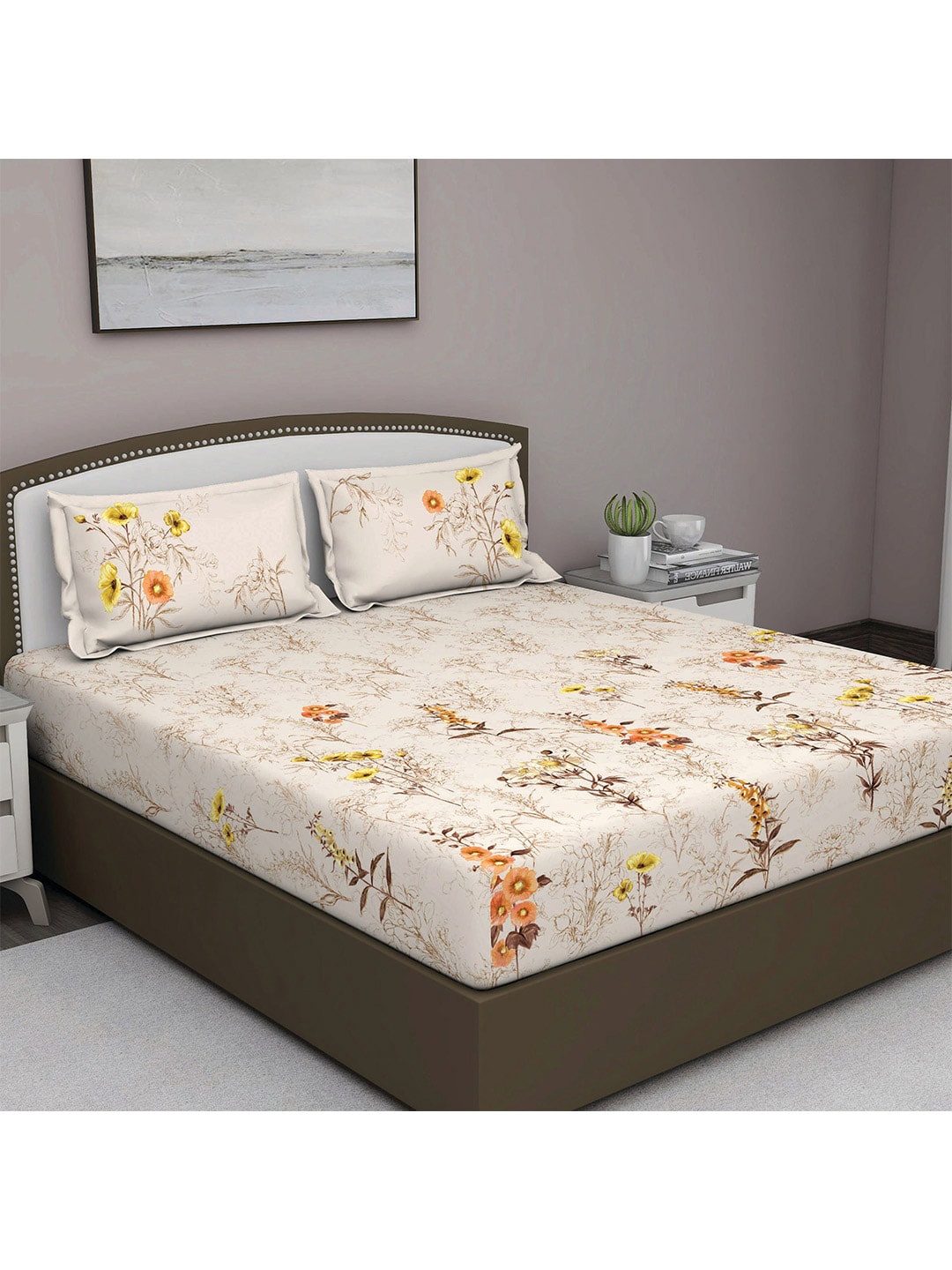 

GM Beige & Orange Floral 180 TC Queen Bedsheet with 2 Pillow Covers