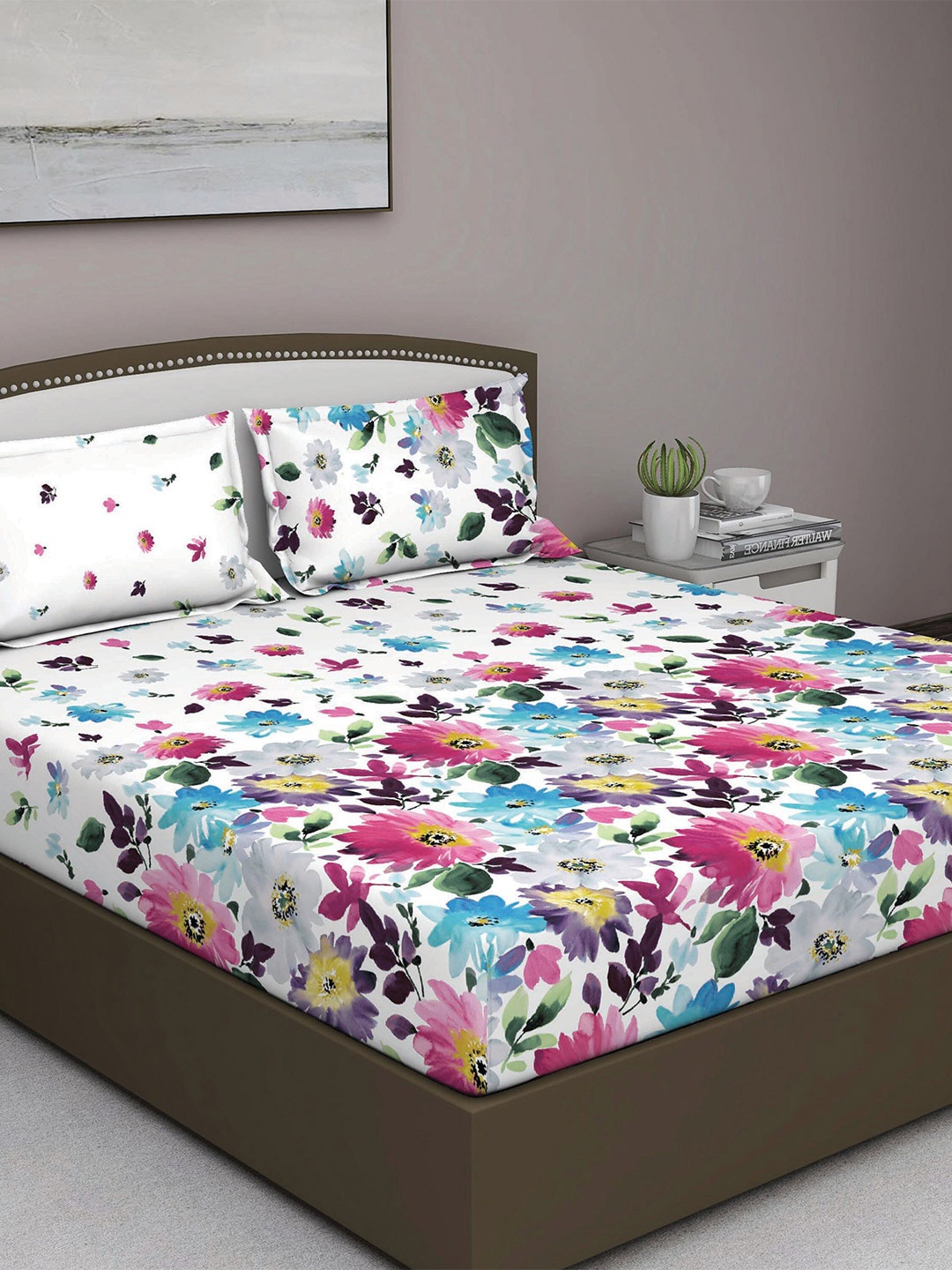 

GM Purple & Blue Floral 180 TC Queen Bedsheet with 2 Pillow Covers