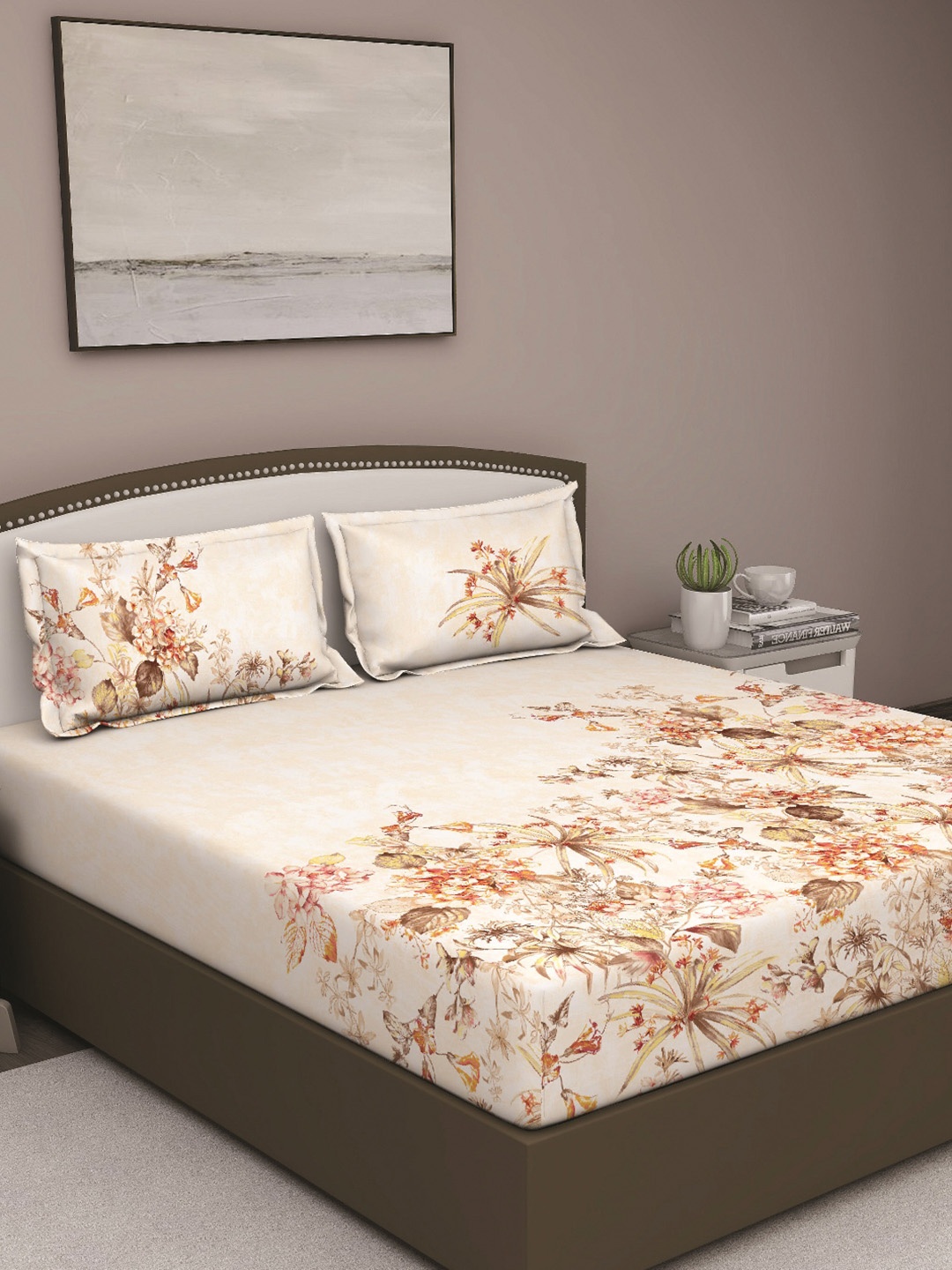 

GM Beige & Yellow Floral 180 TC Queen Bedsheet with 2 Pillow Covers