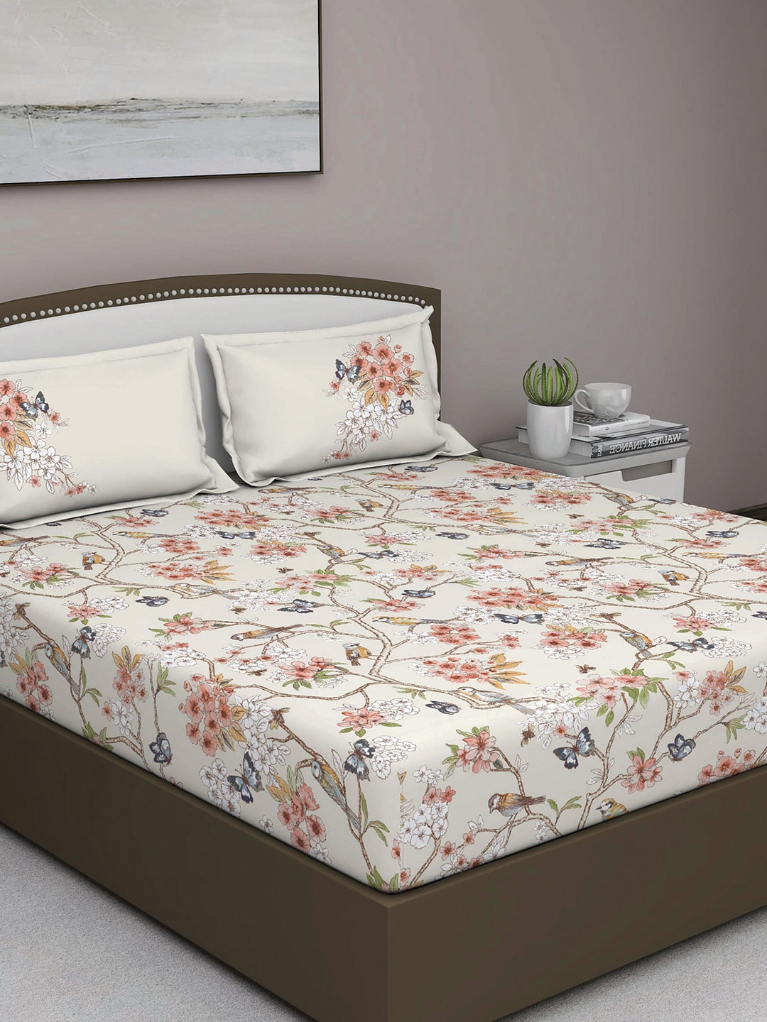 

GM Beige & Pink Floral 180 TC Cotton Queen Bedsheet with 2 Pillow Covers