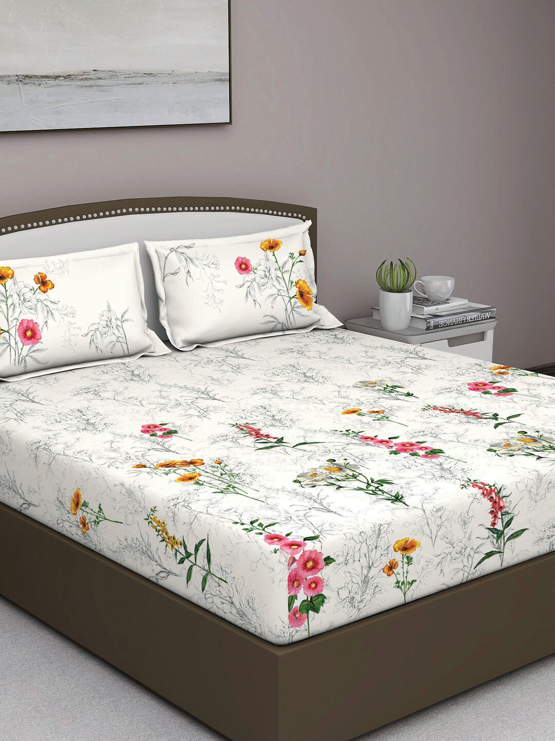 

GM Grey & Pink Floral 180 TC Queen Bedsheet with 2 Pillow Covers