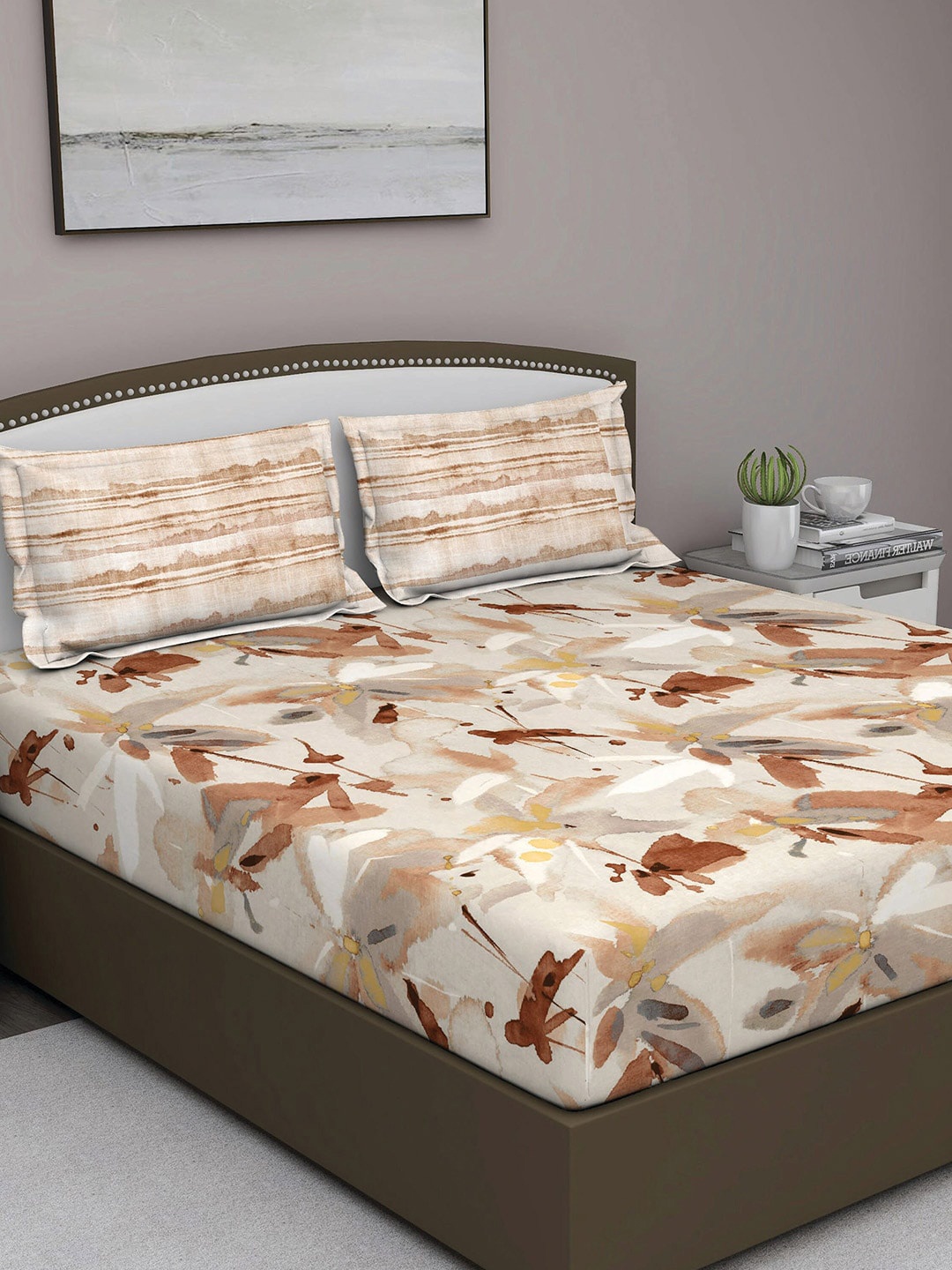 

GM Beige & Brown Floral 180 TC Queen Bedsheet with 2 Pillow Covers