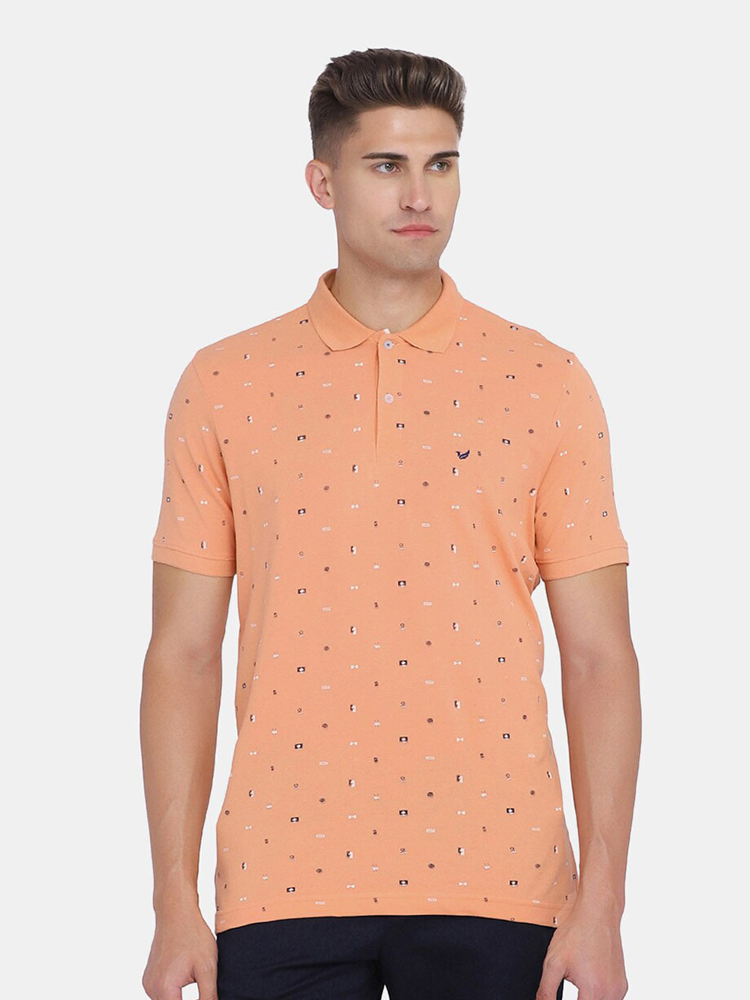 

Blackberrys Men Peach-Coloured Printed Polo Collar Slim Fit Cotton T-shirt