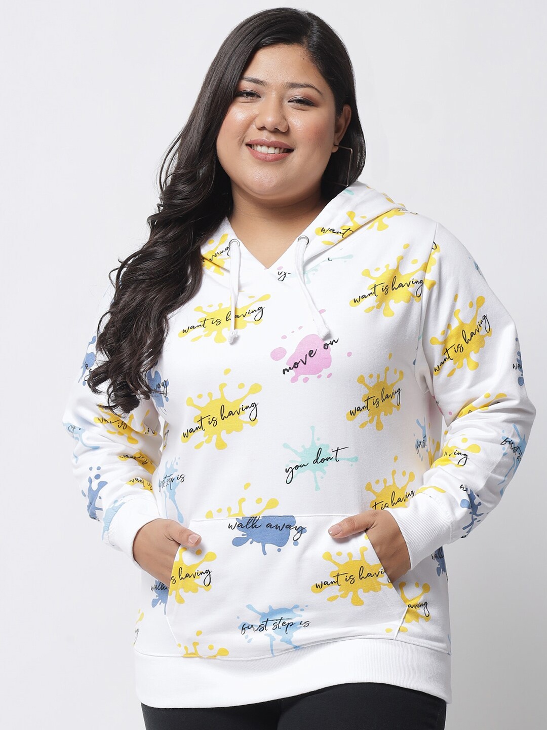 BEYOUND SIZE - THE DRY STATE Women Plus Size White Printed Hooded Sweatshirt