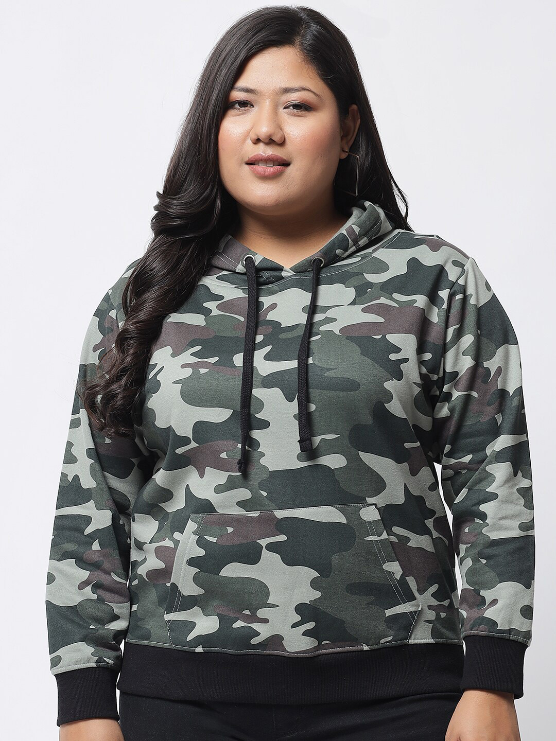 

BEYOUND SIZE - THE DRY STATE Plus Size Green Printed Hooded Sweatshirt