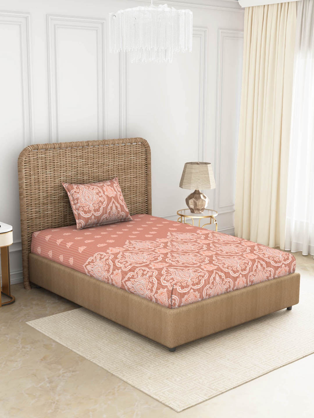 SPACES Coral & White Ethnic Motifs 144 TC Pure Cotton Single Bedsheet with 1 Pillow Cover
