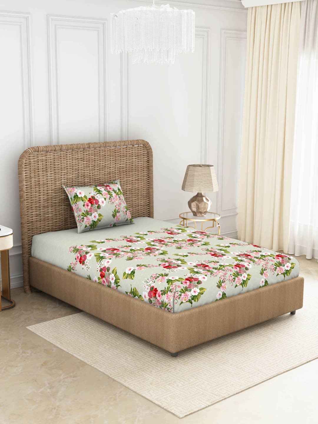 

SPACES Green & White Floral 144 TC Single Bedsheet with 1 Pillow Covers