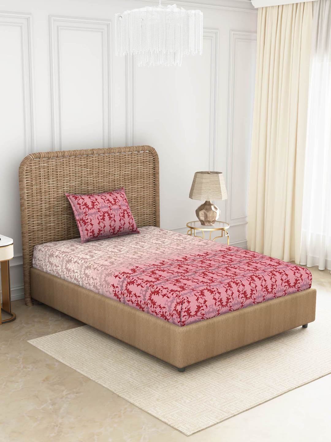 

SPACES Red & Grey Floral 144 TC Single Bedsheet with 1 Pillow Covers