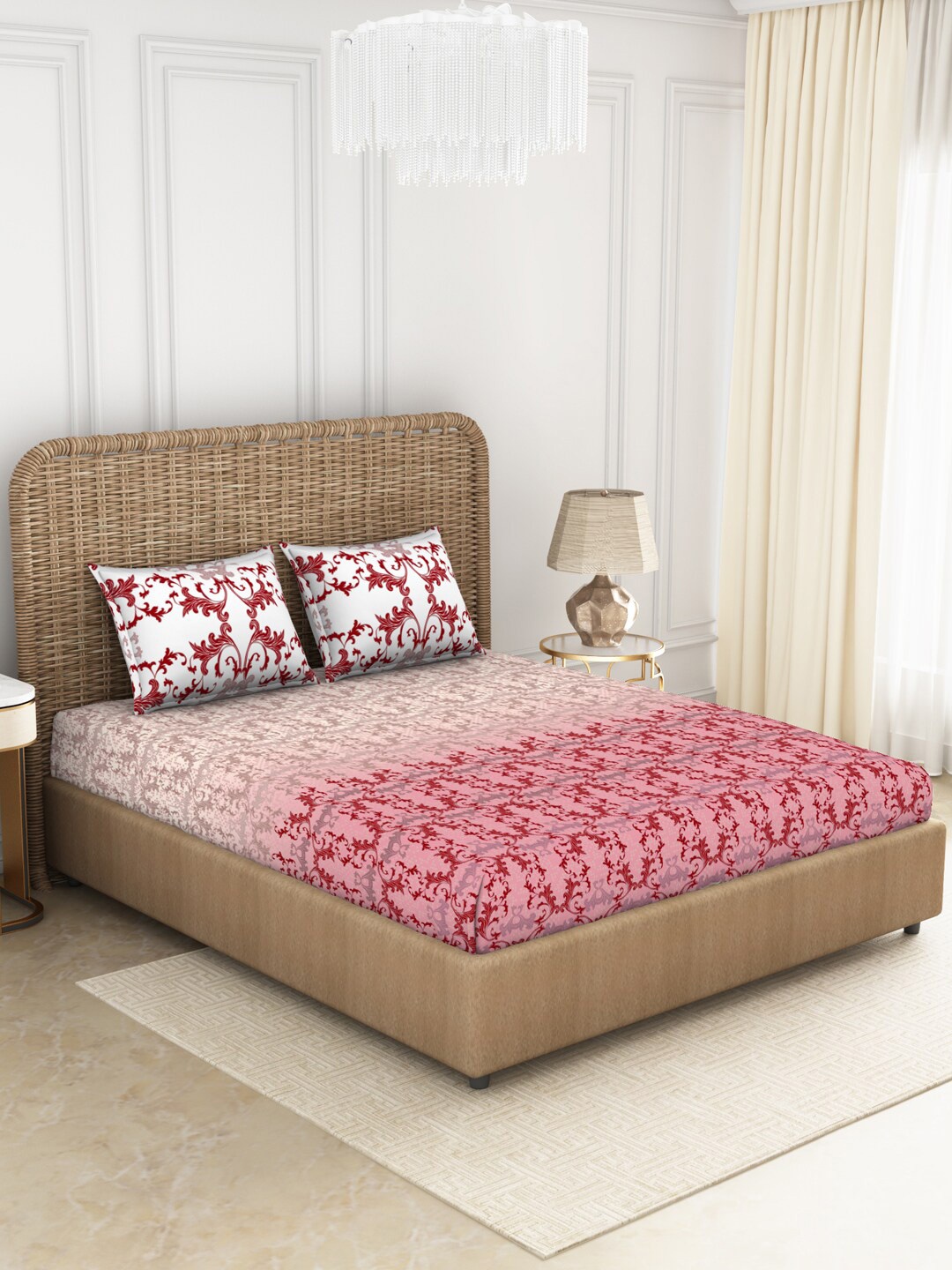 

SPACES Red & Peach-Coloured ADONIA 144 TC King Cotton Bedsheet with 2 Pillow Covers
