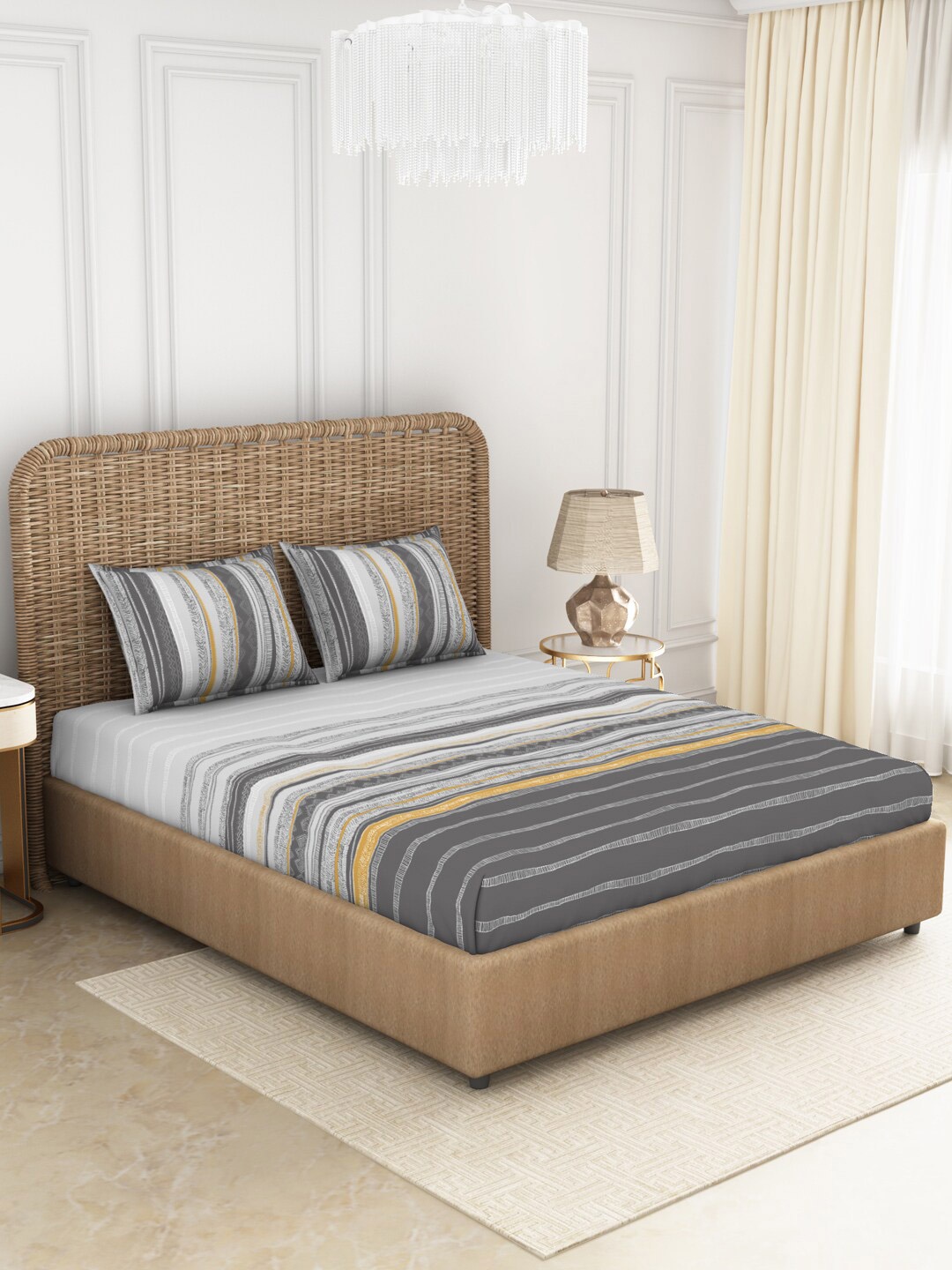 

SPACES Grey & Tan Striped 144 TC King Bedsheet with 2 Pillow Covers