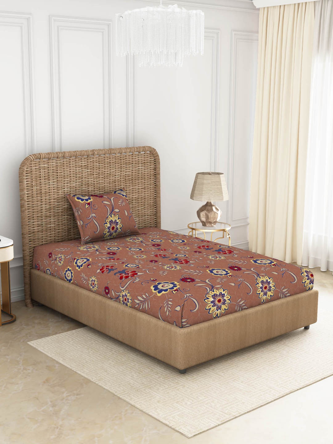 

SPACES Brown & Blue Floral 144 TC Single Bedsheet with 1 Pillow Covers