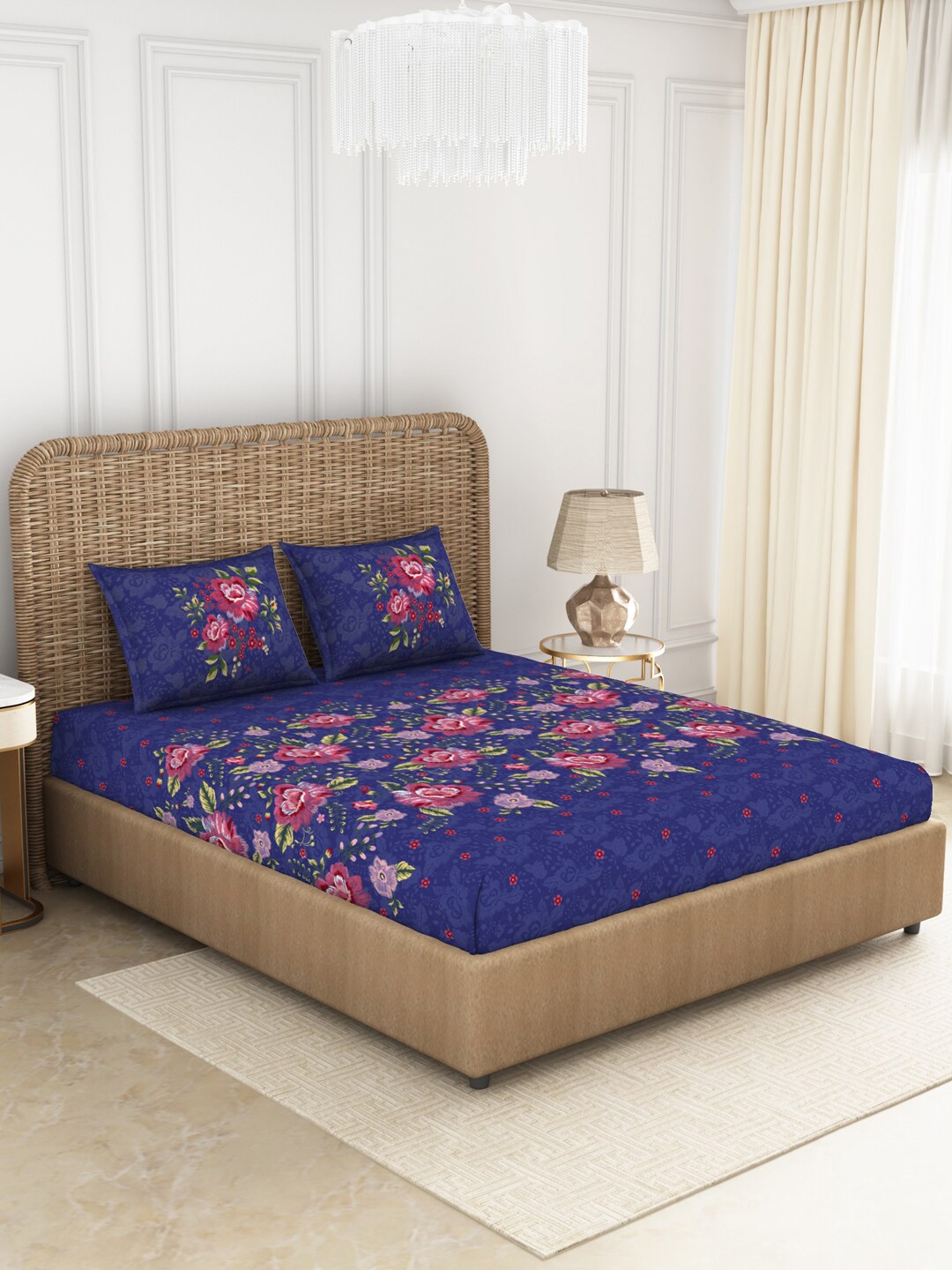 

SPACES Blue & Pink ADONIA Floral 144 TC King Cotton Bedsheet with 2 Pillow Covers
