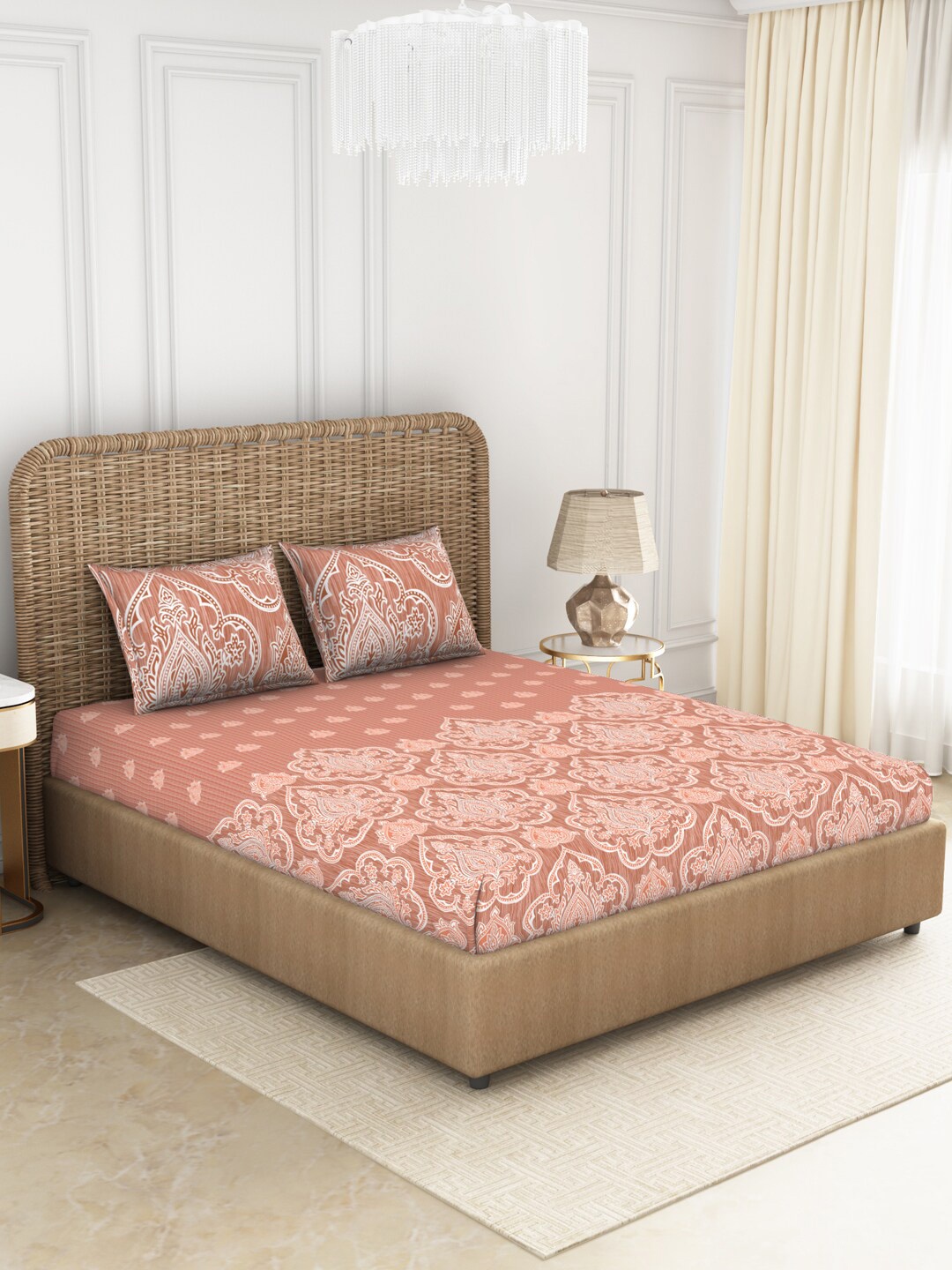 SPACES Coral & White Floral Cotton 144 TC King Bedsheet with 2 Pillow Covers