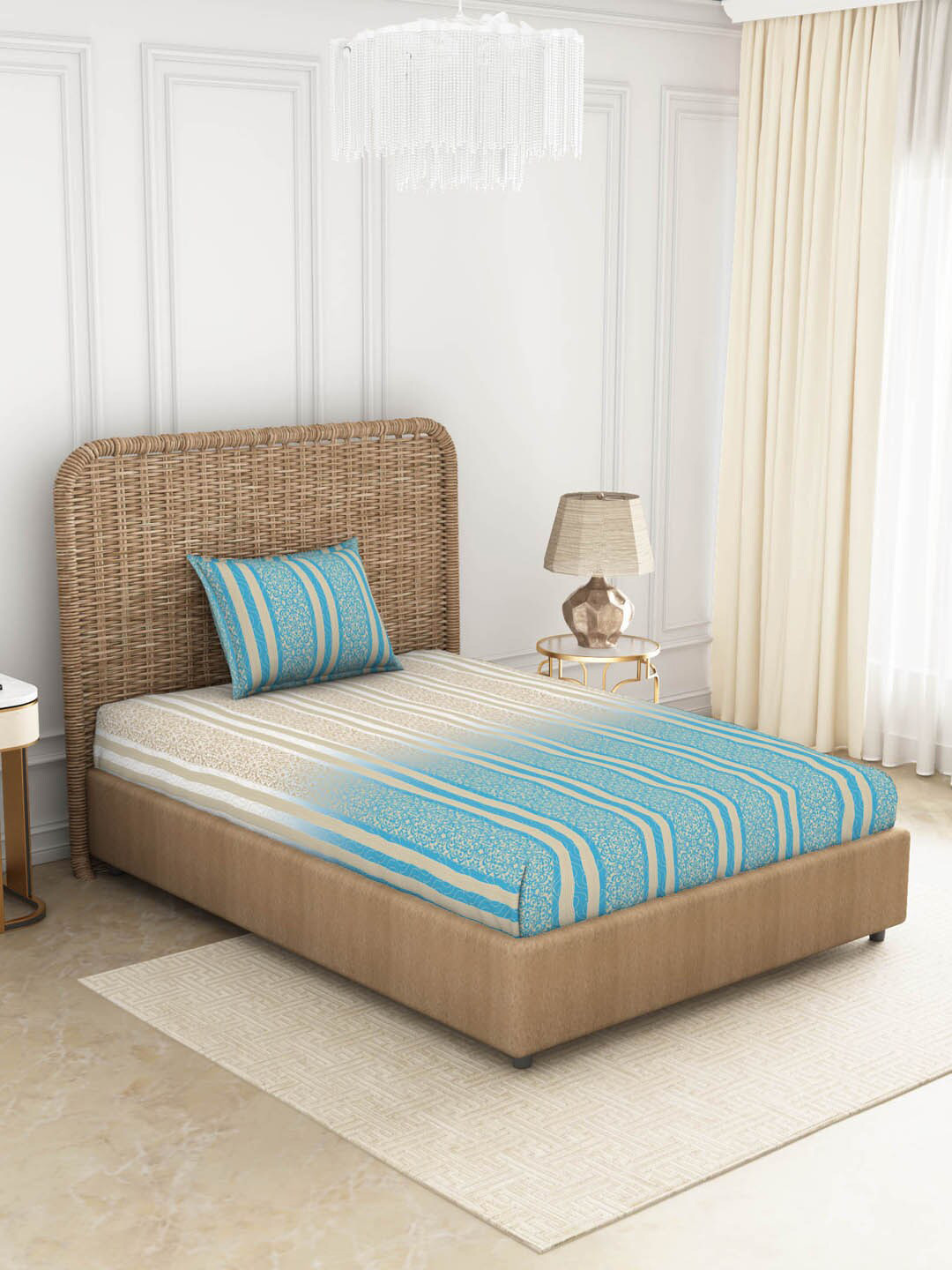 

SPACES Blue & Brown ADONIA Floral 144 TC Single Cotton Bedsheet with 1 Pillow Cover