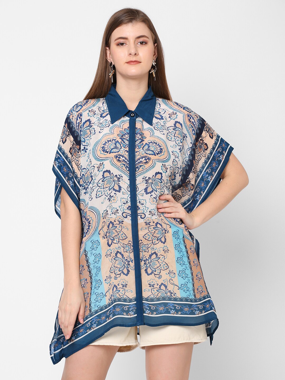 

Cloth Haus India Blue & White Viscose Rayon Mandarin Collar Printed Tunic