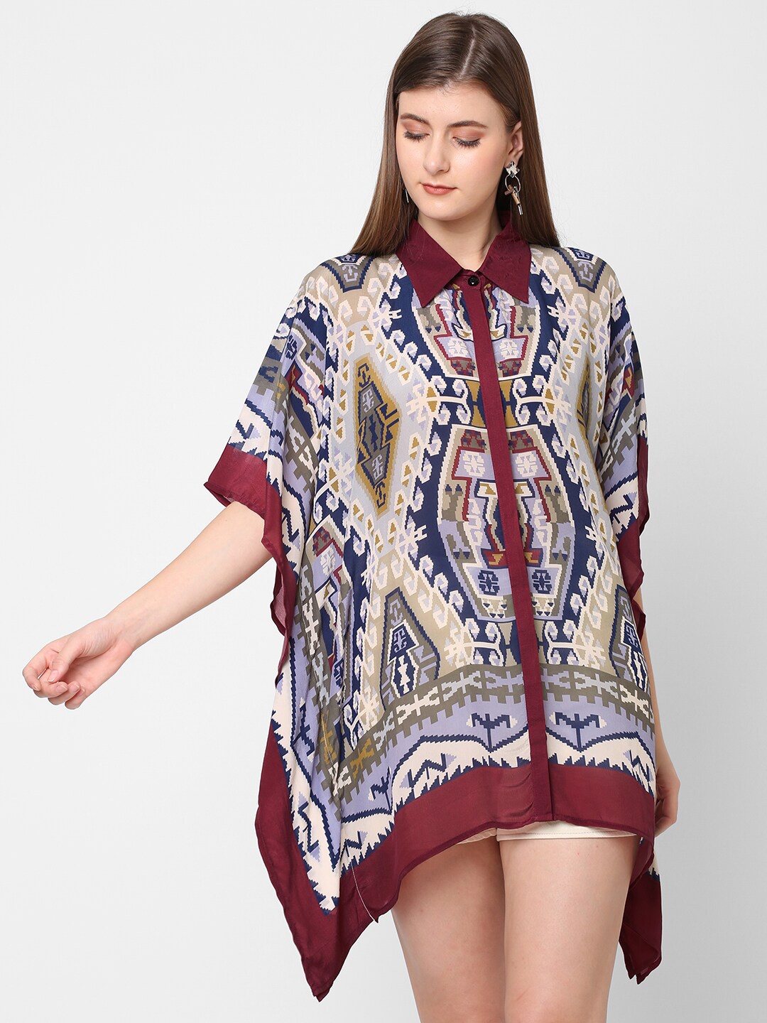 

Cloth Haus India Maroon & Blue Viscose Rayon Shirt Collar Printed Tunic