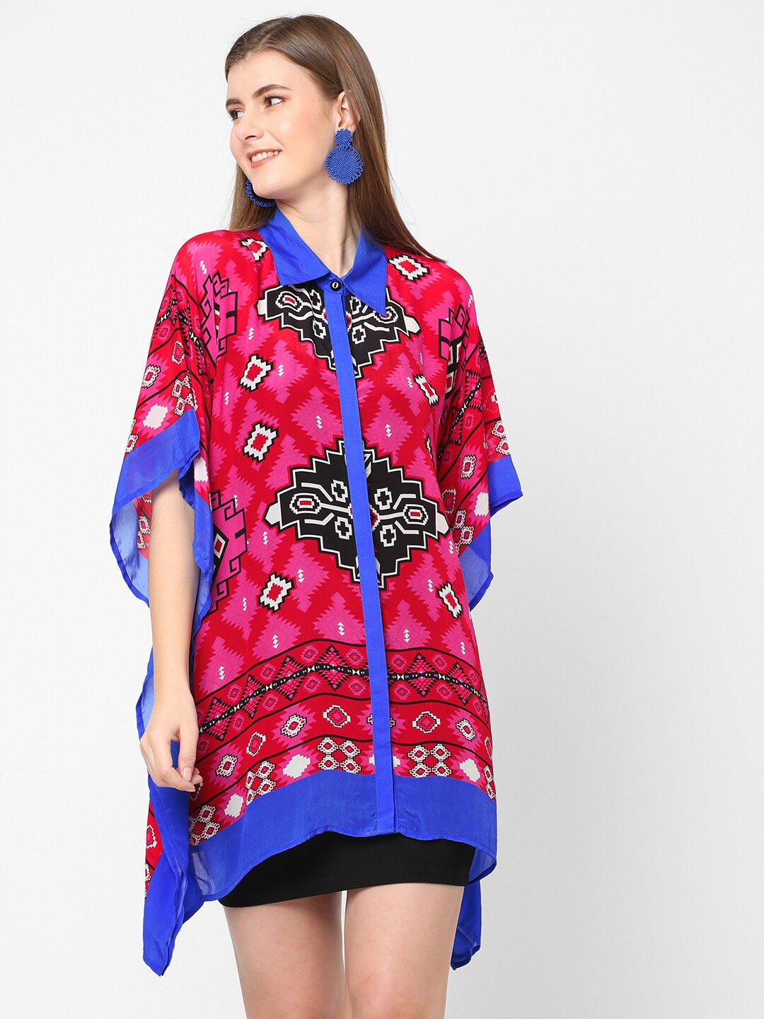 

Cloth Haus India Pink & Blue Viscose Rayon Shirt Collar Printed Tunic