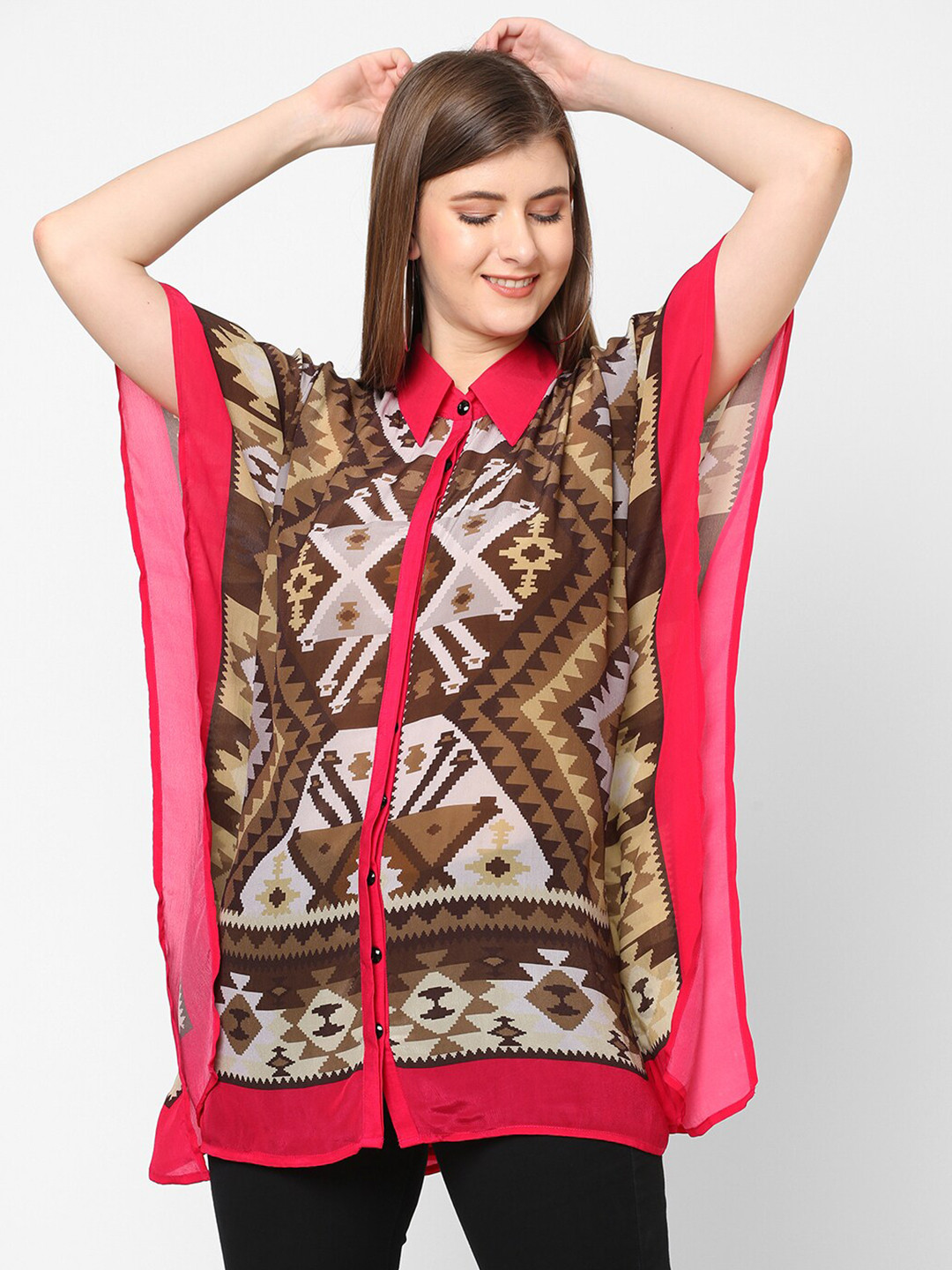 

Cloth Haus India Brown & Pink Geometric Print Kaftan Longline Top
