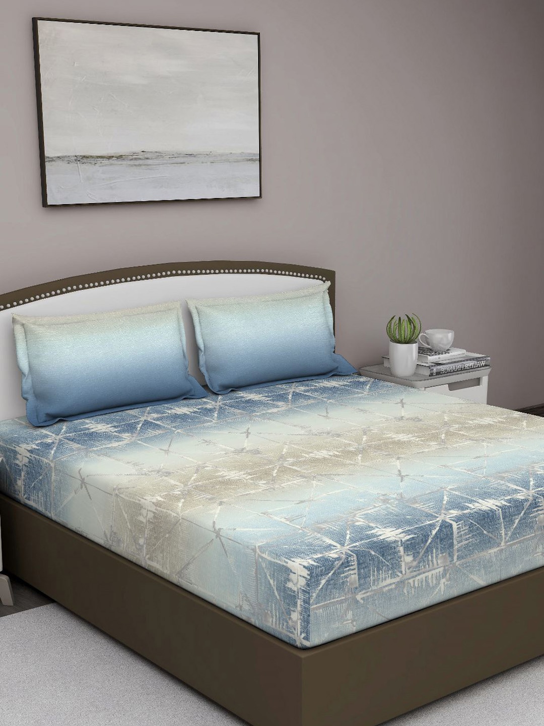 

GM Blue & Grey Geometric 300 TC Queen Bedsheet with 2 Pillow Covers