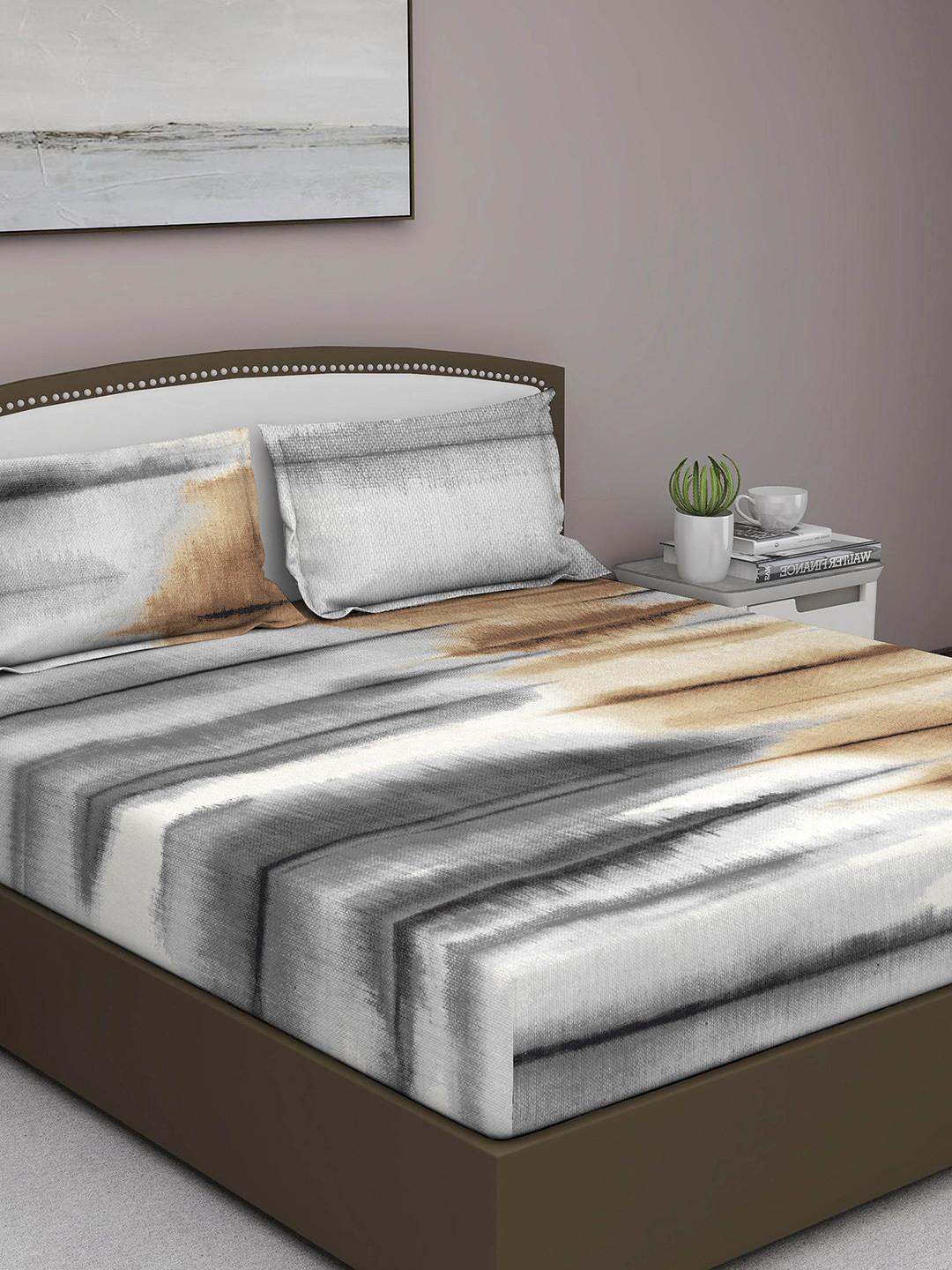 

GM Grey & Beige 400 TC Queen Bedsheet with 2 Pillow Covers