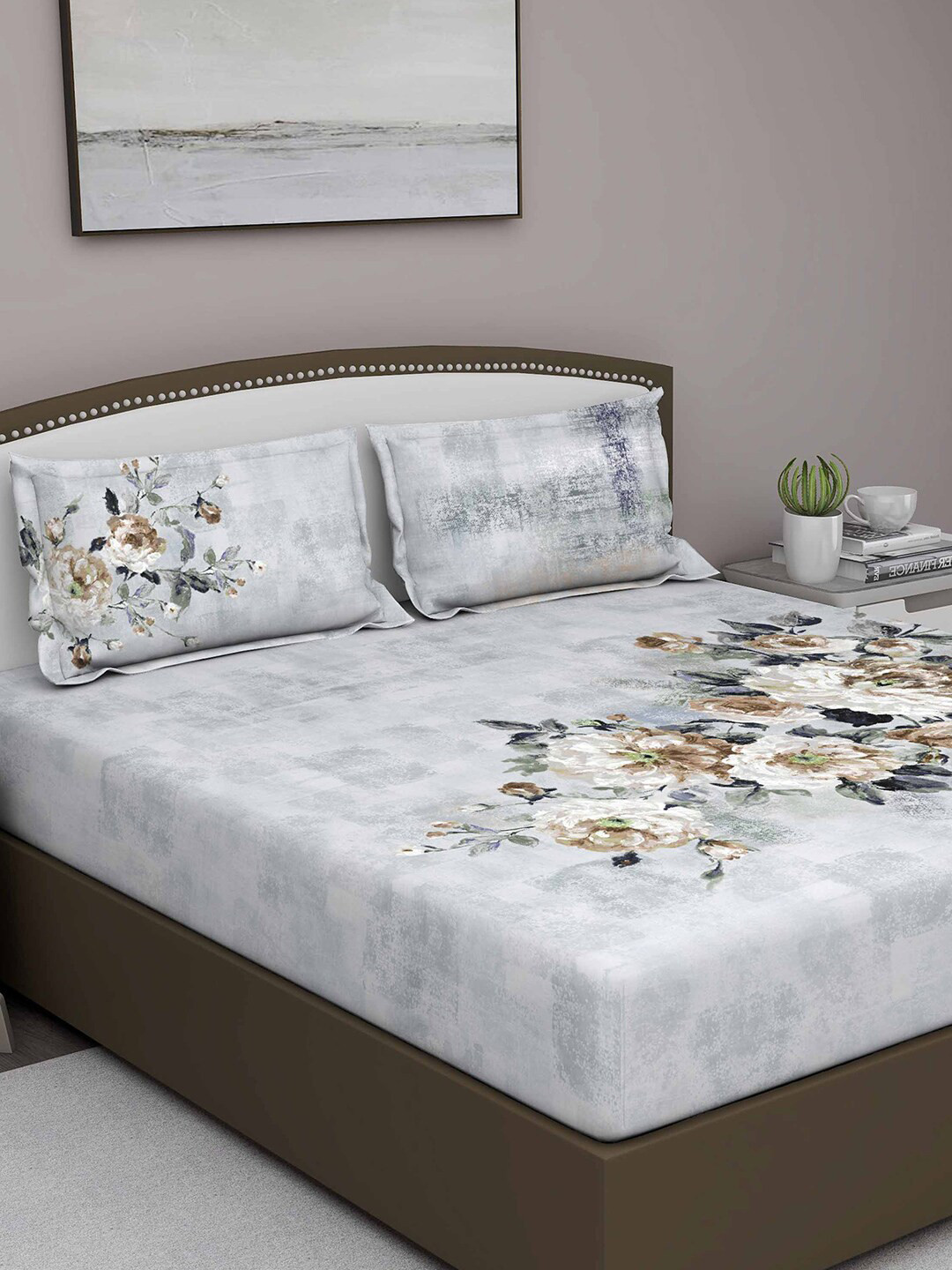 

GM Grey & Brown Floral 300 TC Queen Bedsheet with 2 Pillow Covers