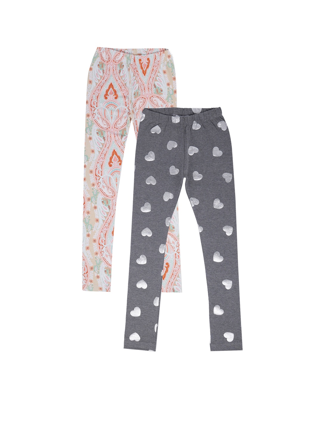 

earth conscious Girls Pack Of 2 Grey & White Pure Cotton Printed Leggings