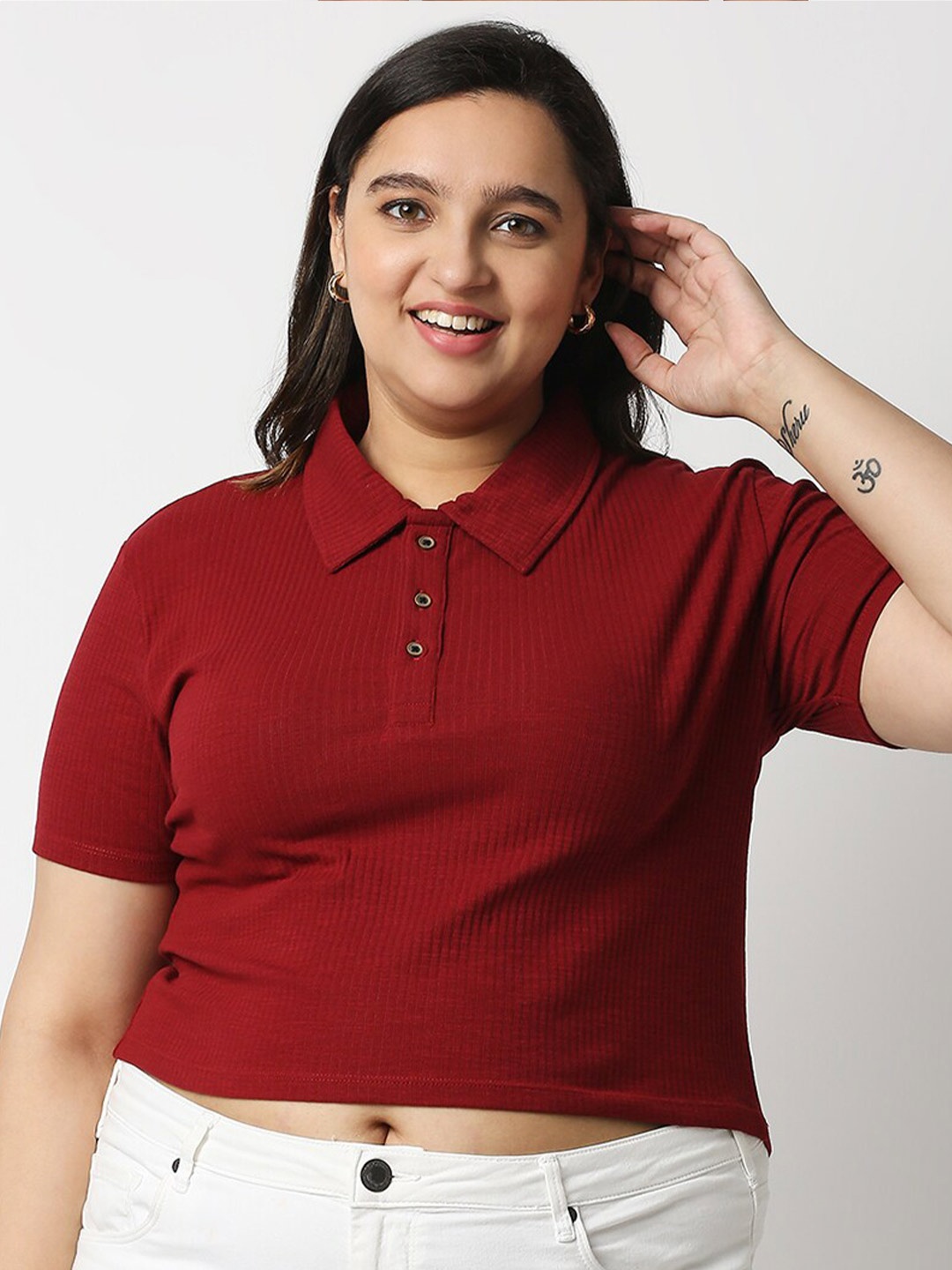 

20Dresses Women Plus Size Maroon Polo Collar Slim Fit Crop T-shirt