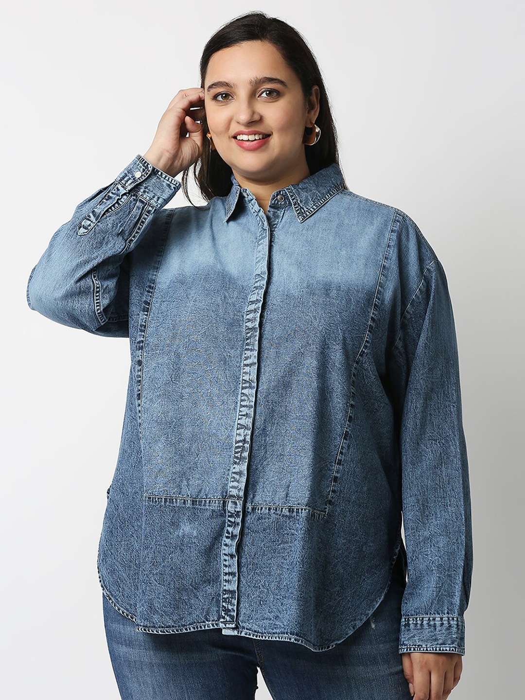 

20Dresses Plus Size Women Blue Faded Cotton Casual Denim Shirt
