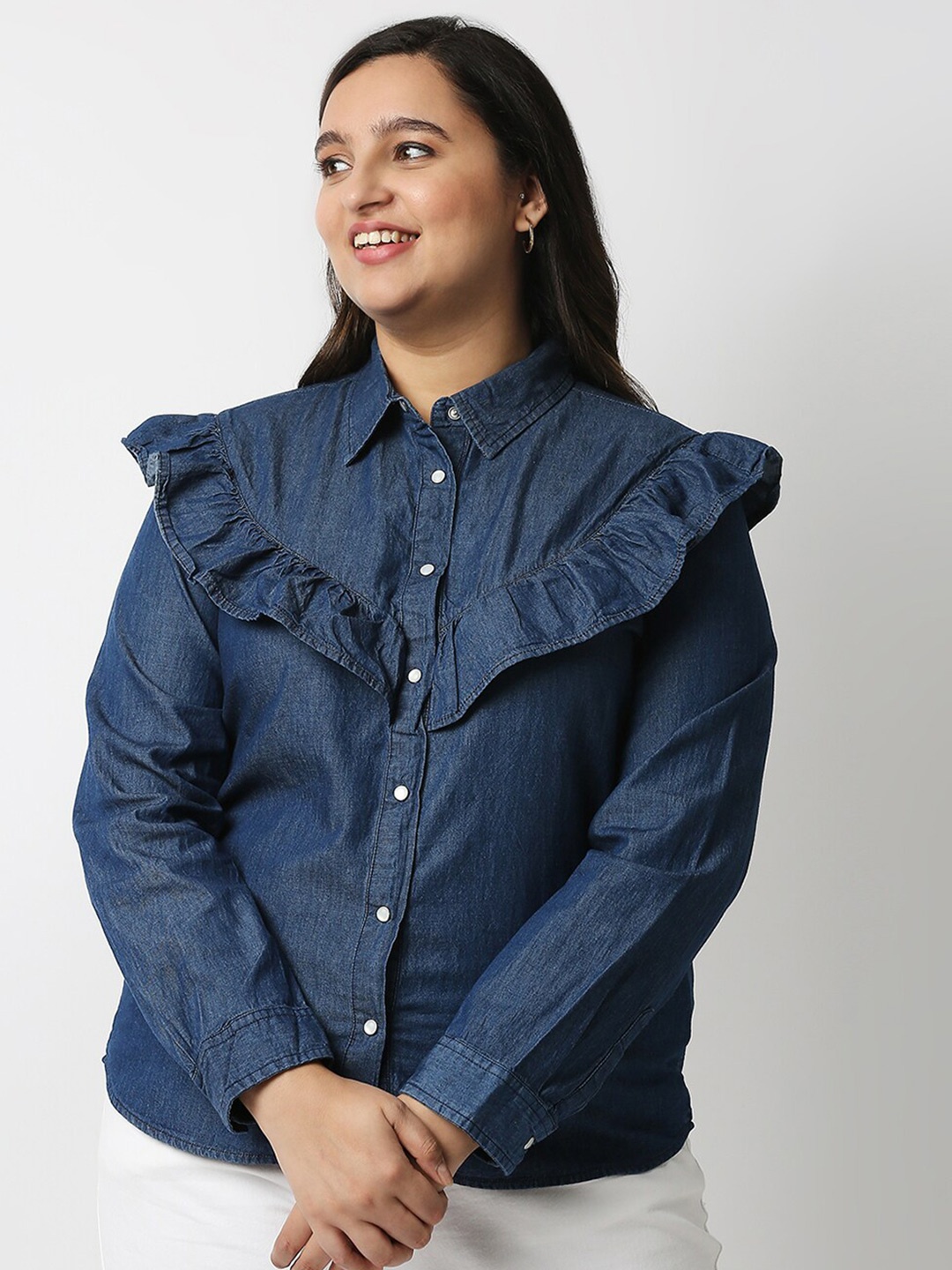 

20Dresses Plus Size Blue Ruffled Casual Shirt