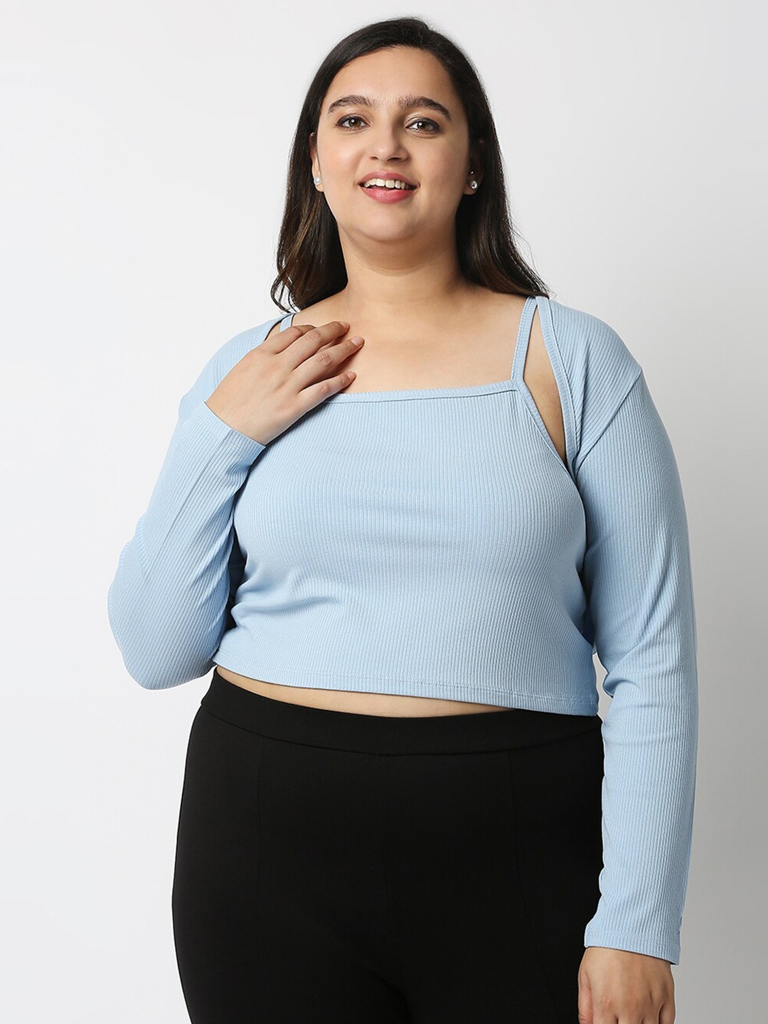 

20Dresses Women Blue Solid Layered Sleeves Slim Fit T-shirt