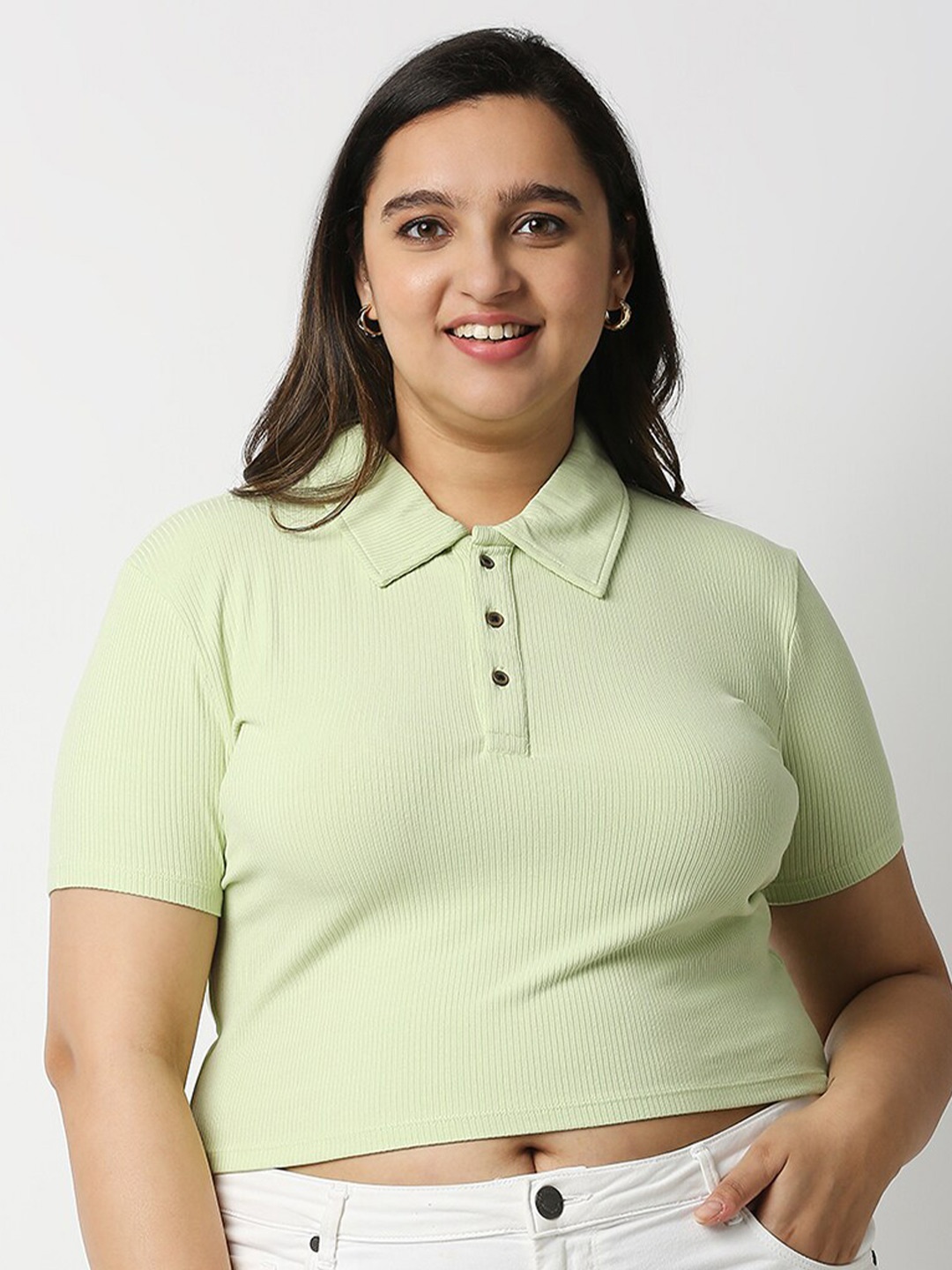 

20Dresses Women Plus Size Green Polo Collar Slim Fit T-shirt