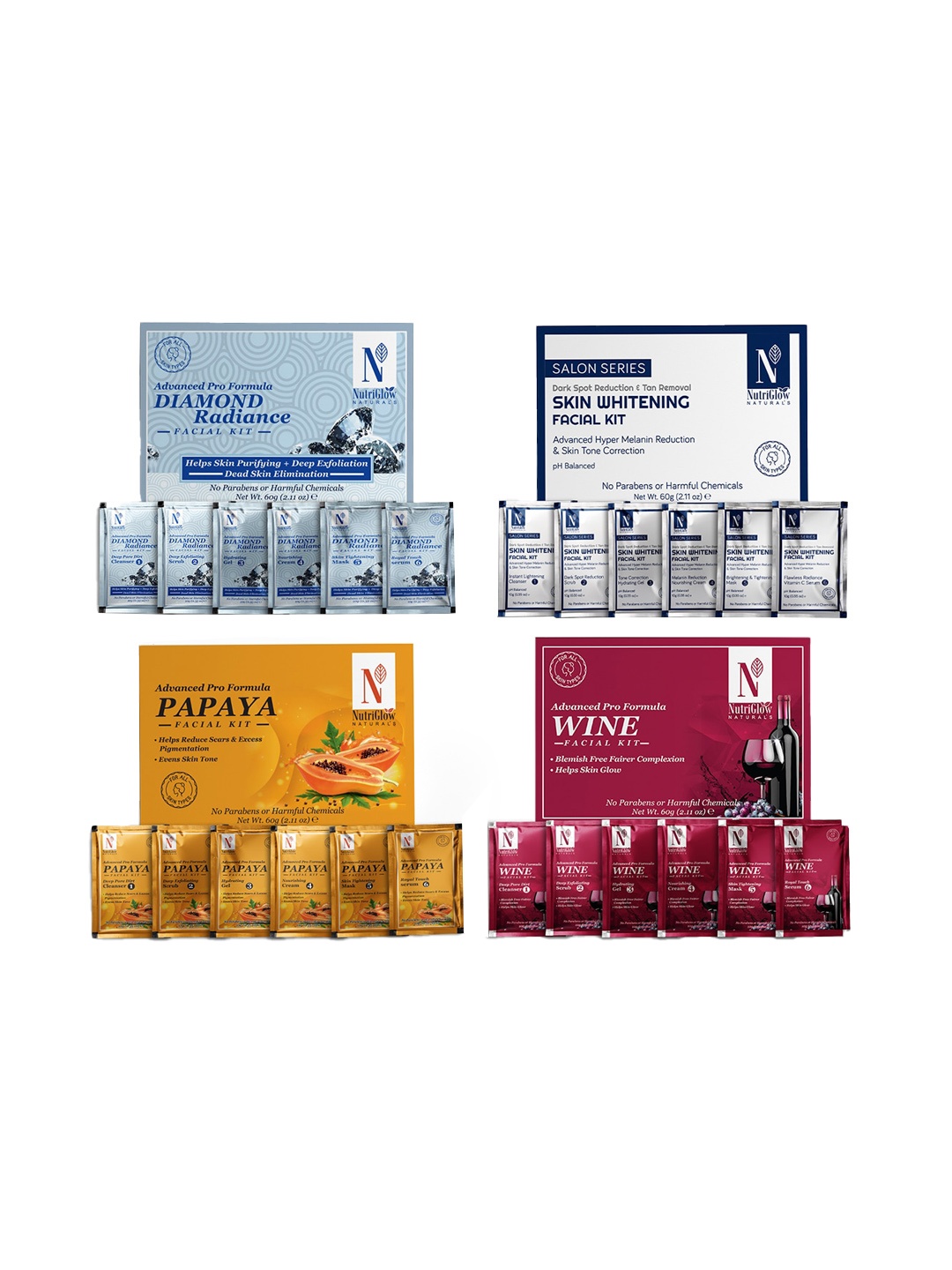 NutriGlow Naturals Set of 4 Advanced Pro Formula Facial Kits - 60 g Each, Multi