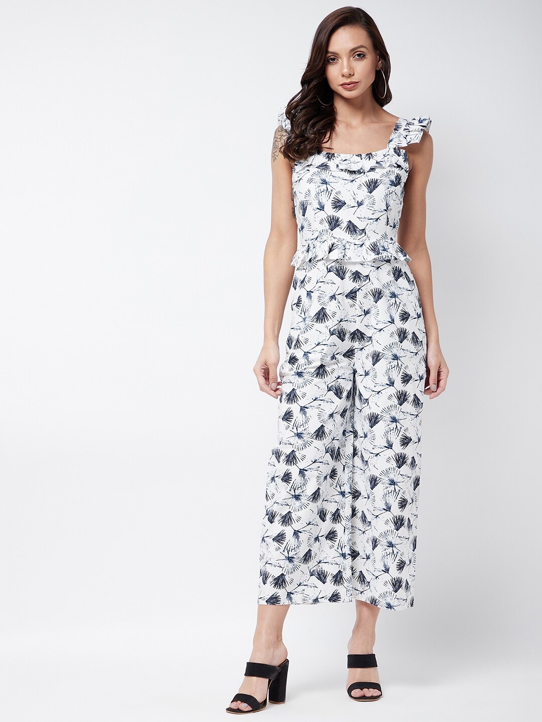 

MAGRE White & Blue Printed Basic Jumpsuit with Ruffles